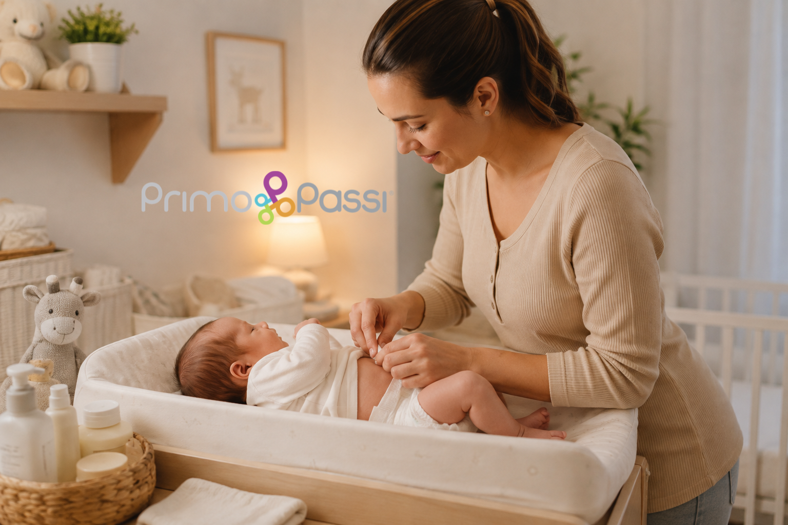 Mom caring for her newborn on a changing table.