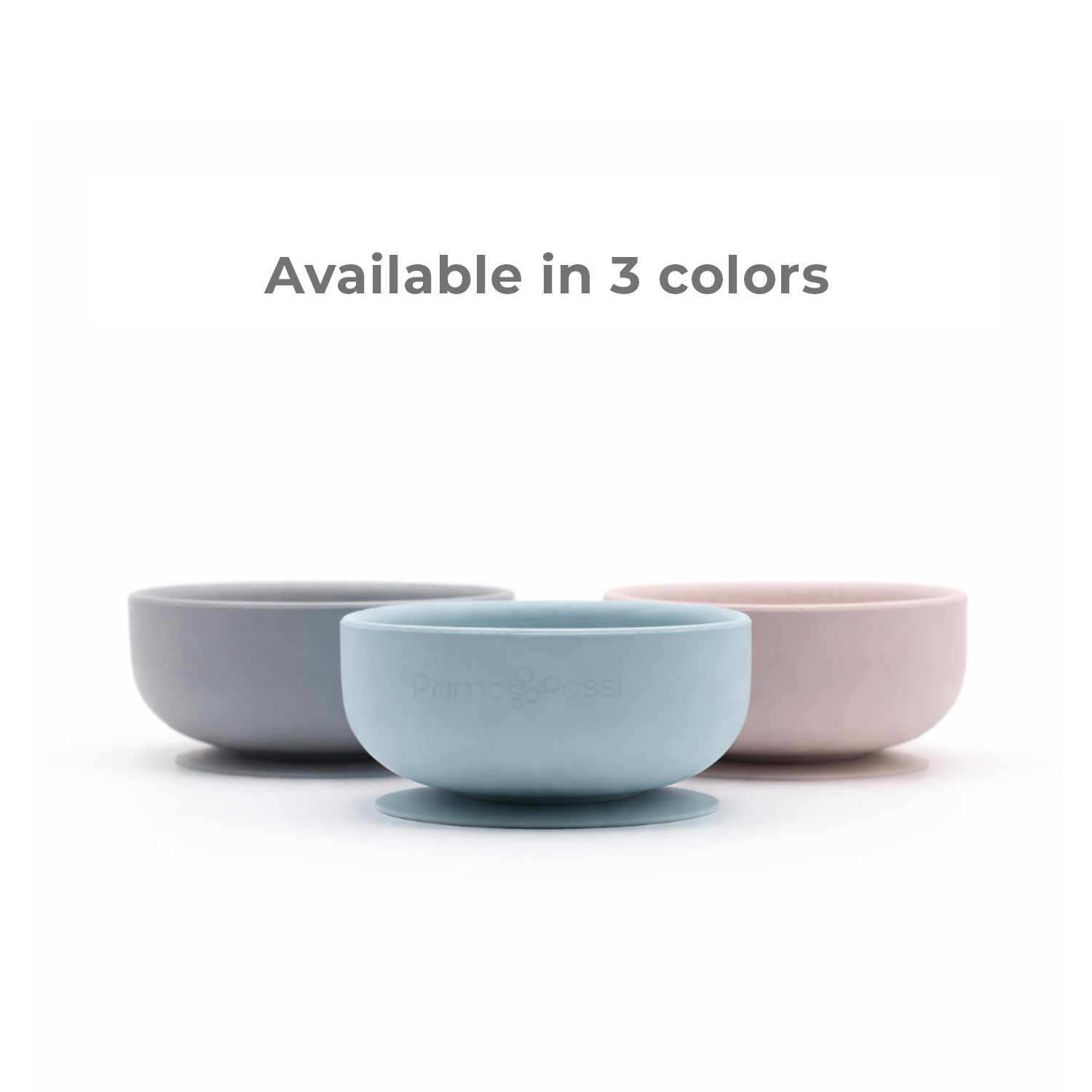 Three bowls in gray, blue, and pink on a white background with text 'Available in 3 colors'.