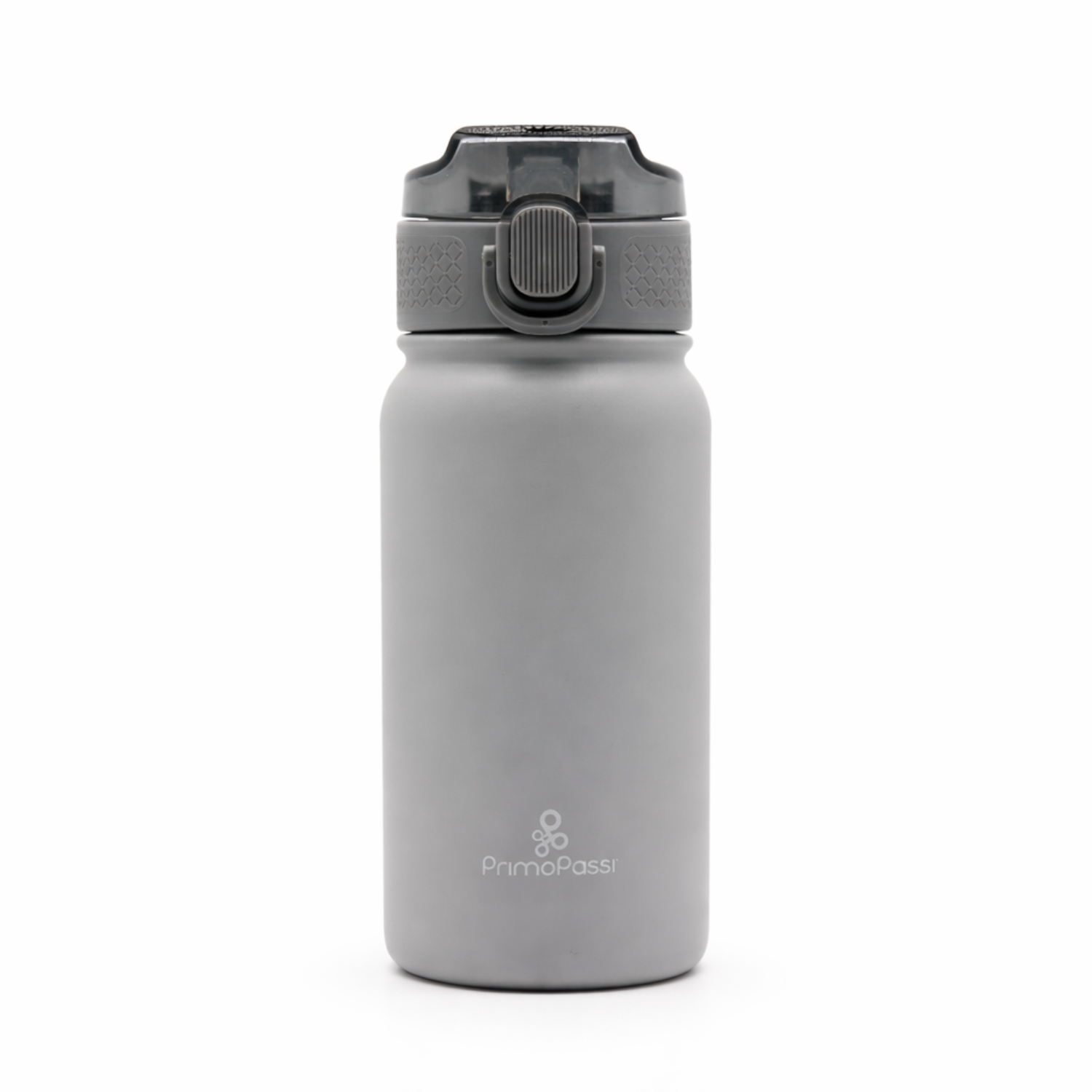 Grey insulated water botlle in a white background