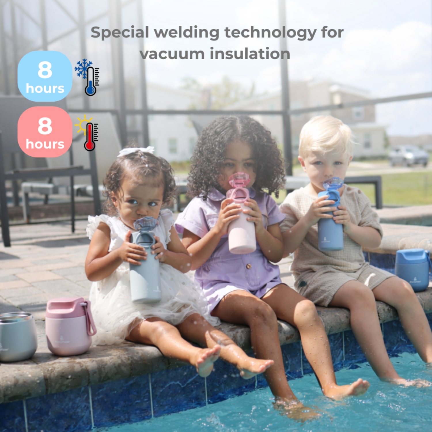 Three children by a pool holding insulated water bottles with text about vacuum insulation technology.