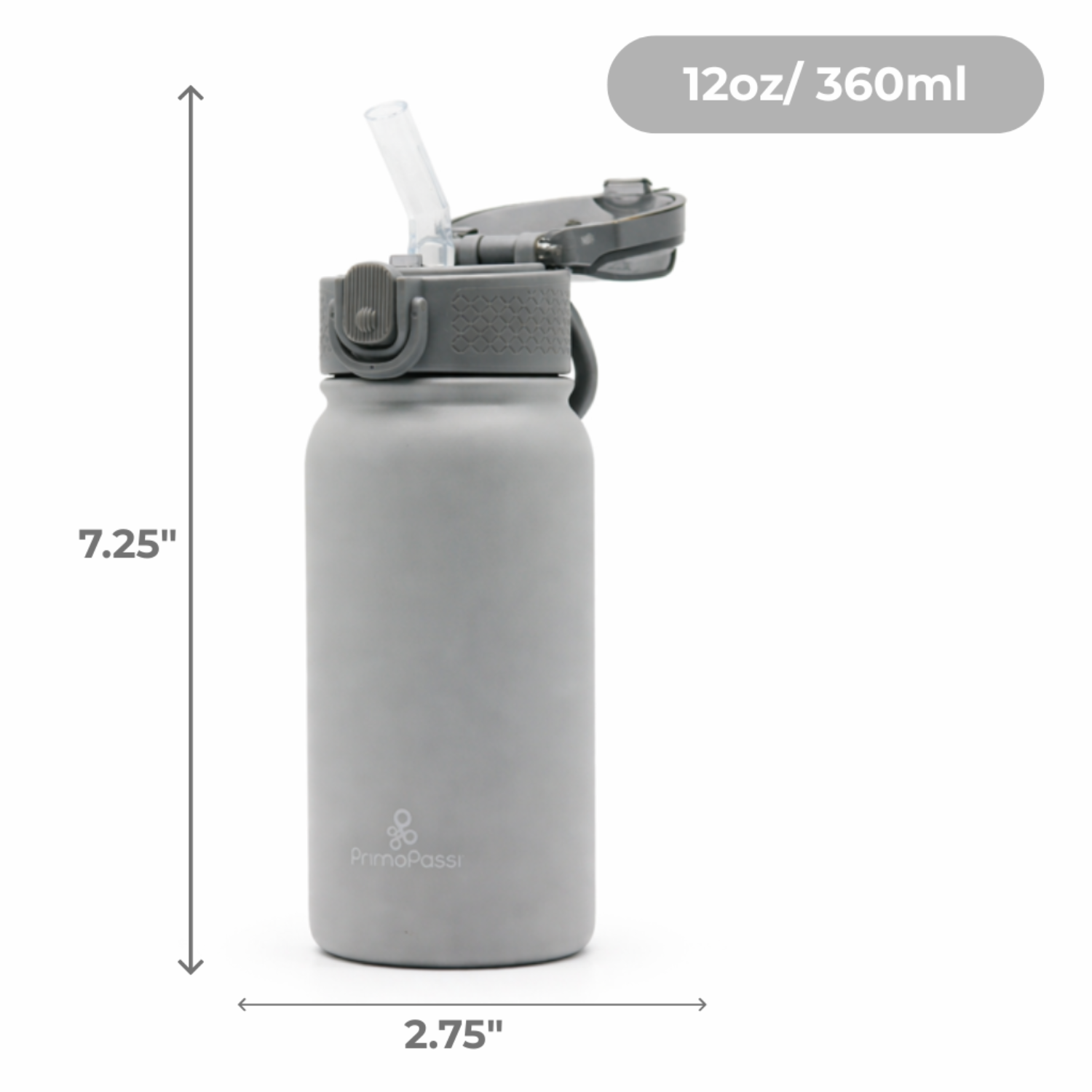 Gray insulated 12oz water bottle with straw lid and measurements on a white background