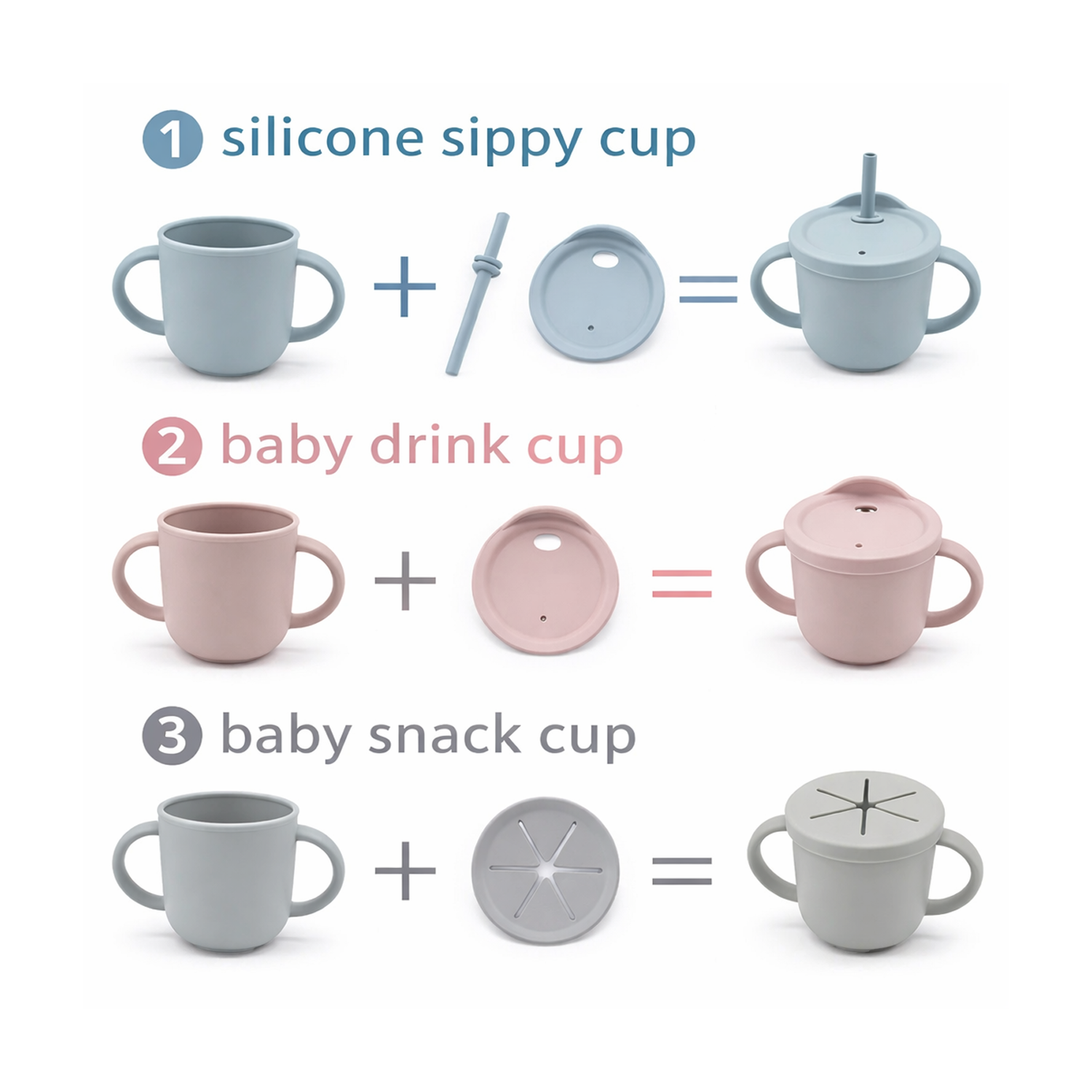 Illustration showing how to transform silicone sippy cups into baby drink and snack cups with lids.