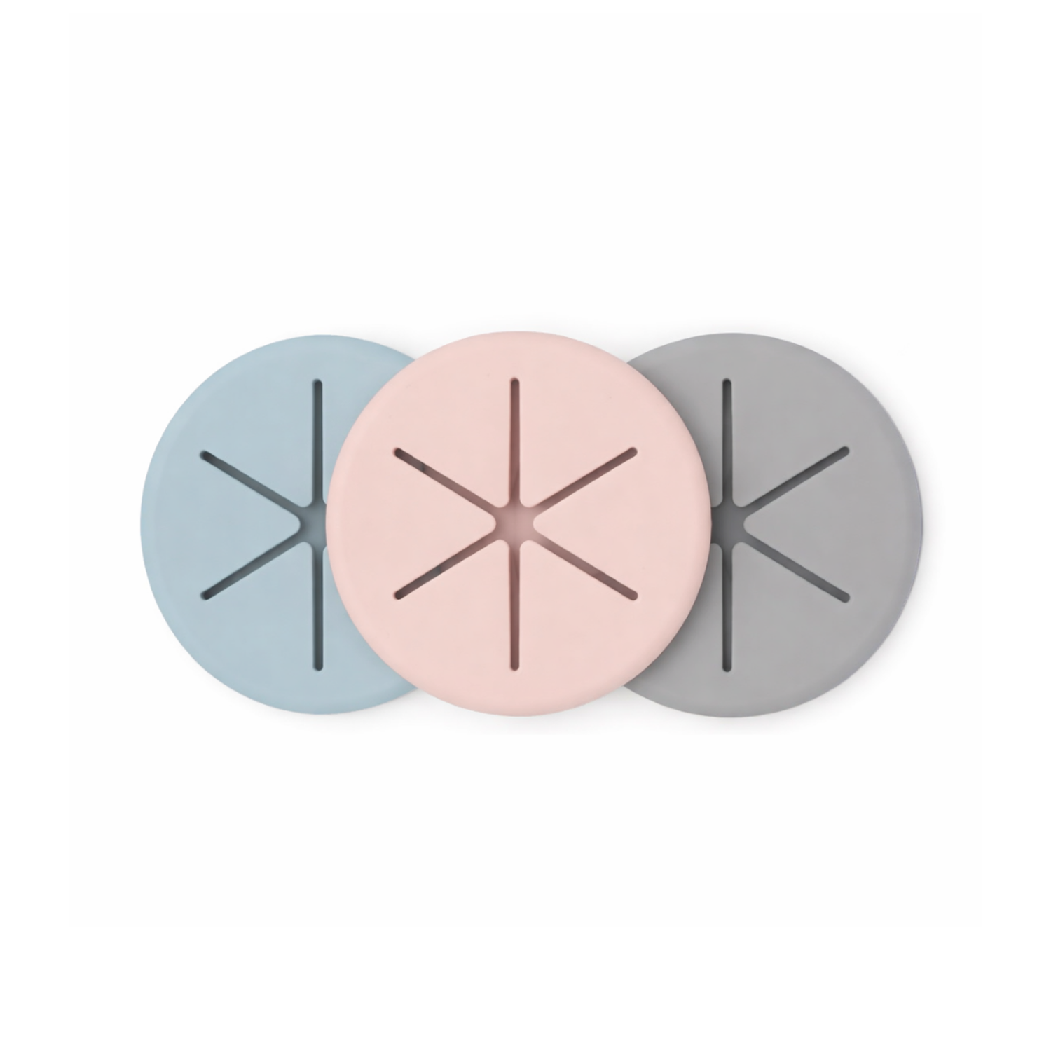 Three circular snack lids in blue, gray and pink colors on a white background