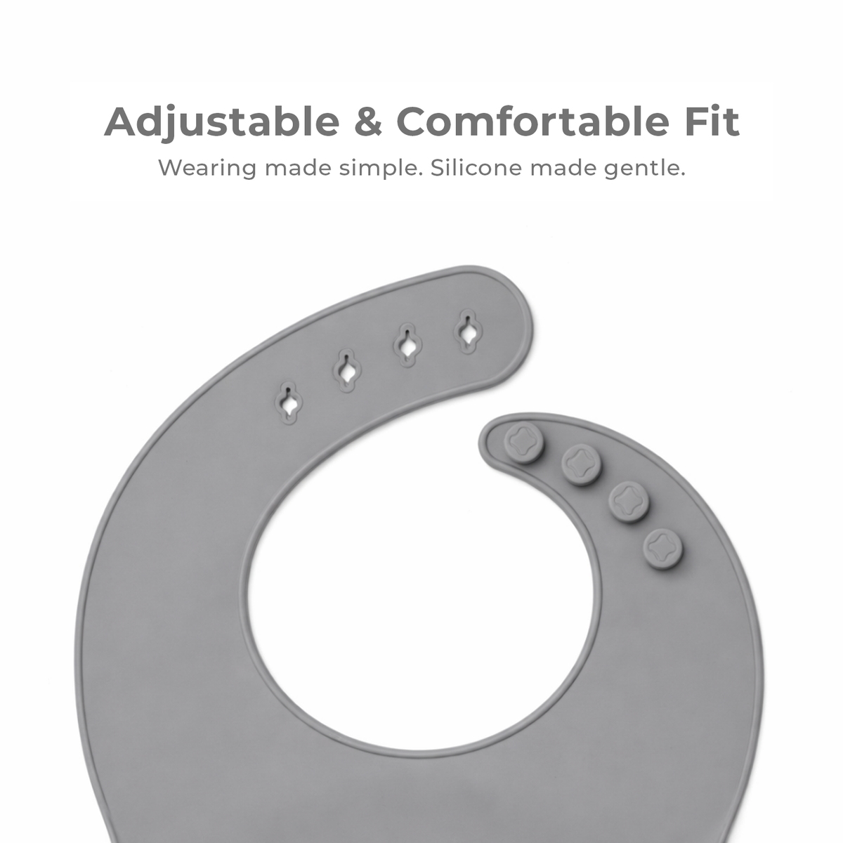 Gray silicone bib with adjustable straps on a white background