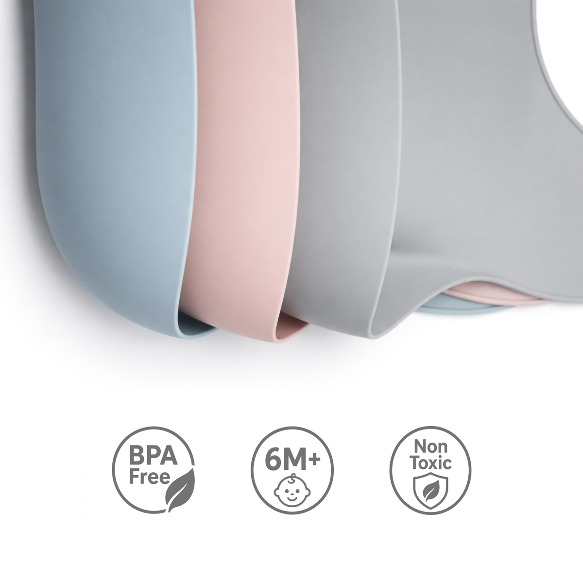 Three baby bibs in gray, pink, and blue with BPA-free, 6M+, and non-toxic certification icons on a white background.