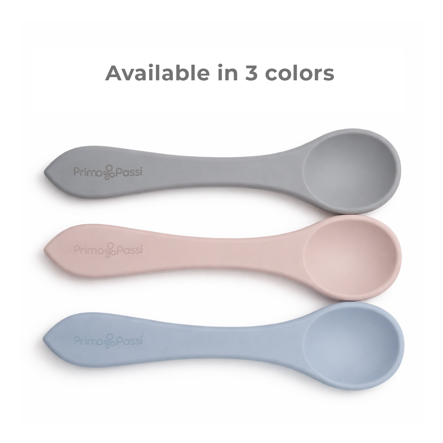 Three silicone spoons in gray, pink, and blue with Primo Passi branding on a white background.