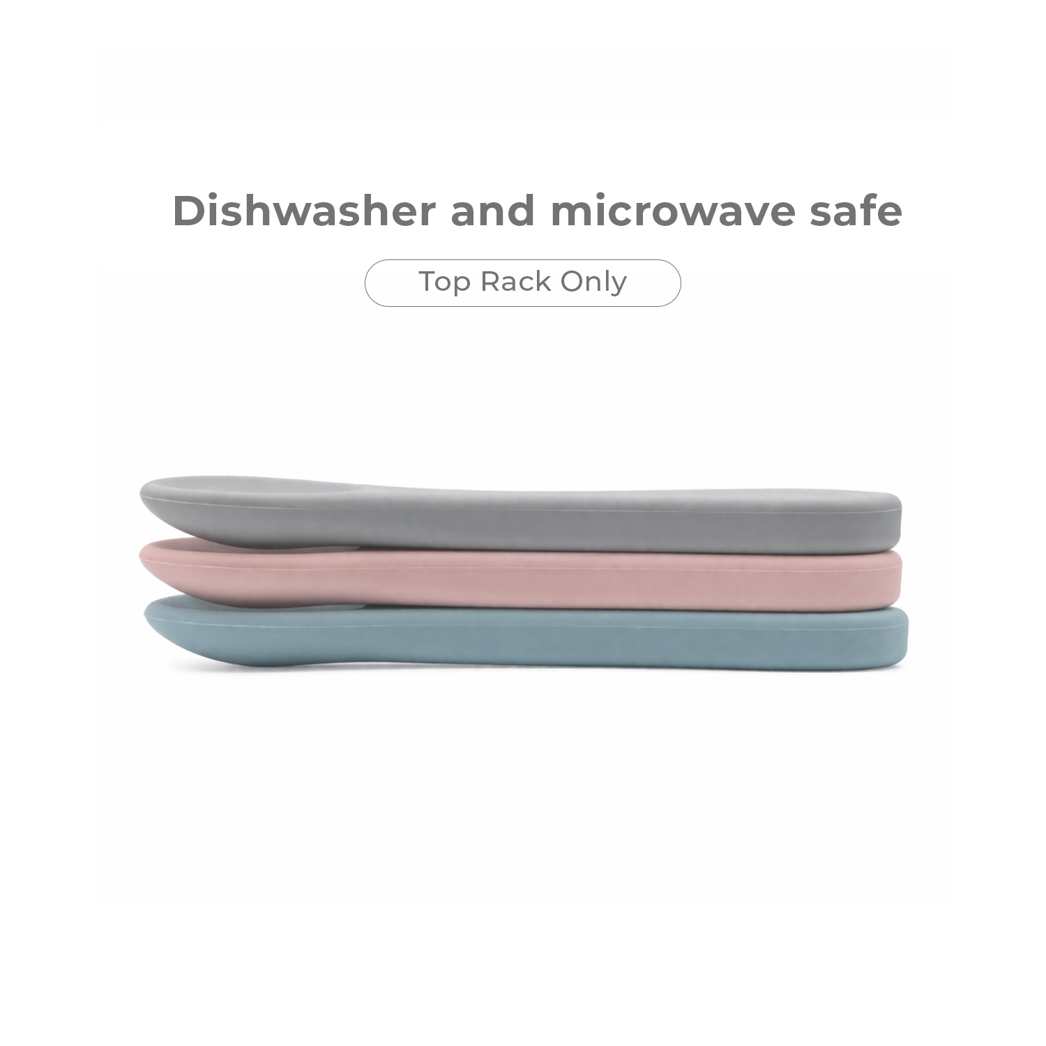 3 pink silicone baby spoons in grey, pink and blue colors on a white background with text indicating dishwasher and microwave safe.