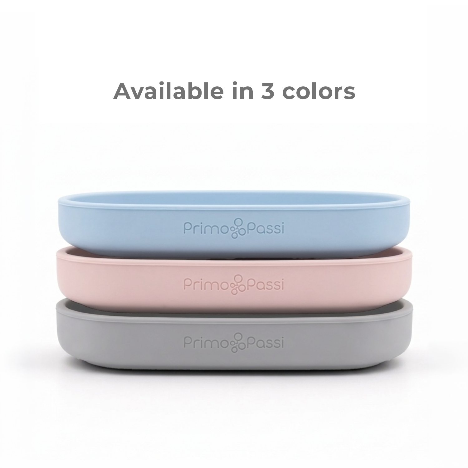 Three silicone bowls in blue, pink, and gray with 'PrimaPassi' branding on a white background.