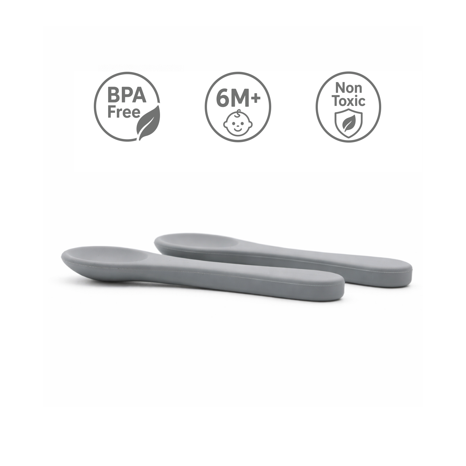 Two gray baby silicone spoons with safety certification icons on a white background "BPA free, 6M+ and non toxic"