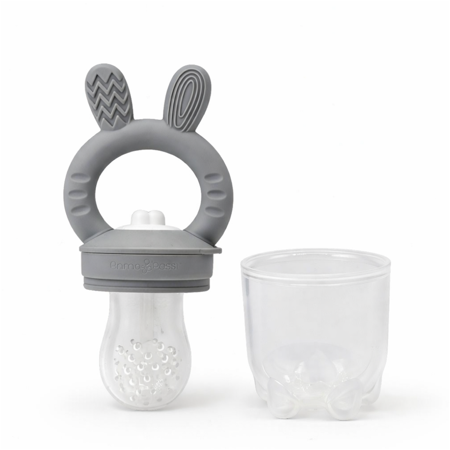 grey baby silicone food feeder on a white background