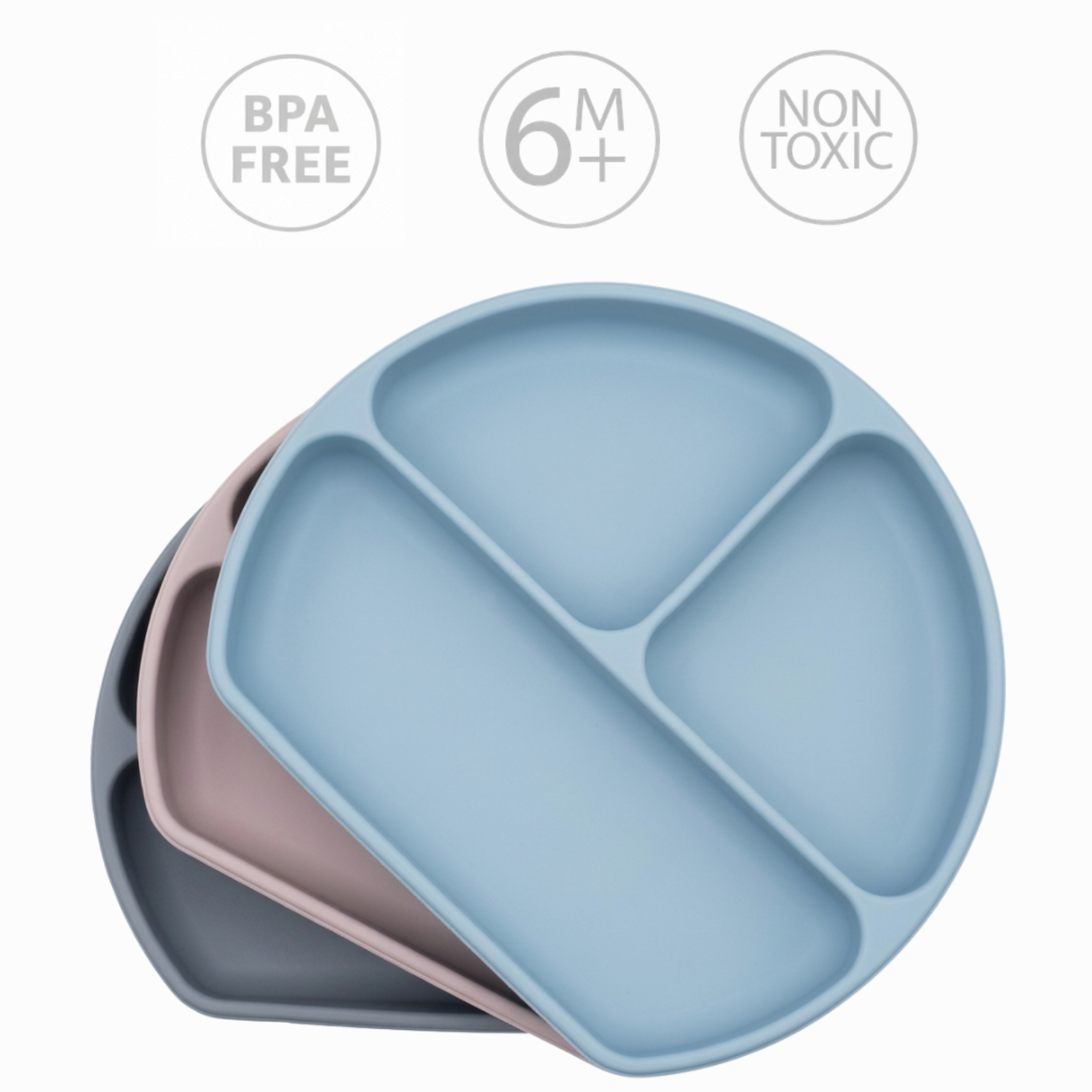 Children's divided plate in blue, pink and grey with 'BPA Free', '6M+', and 'Non Toxic' labels on a white background.