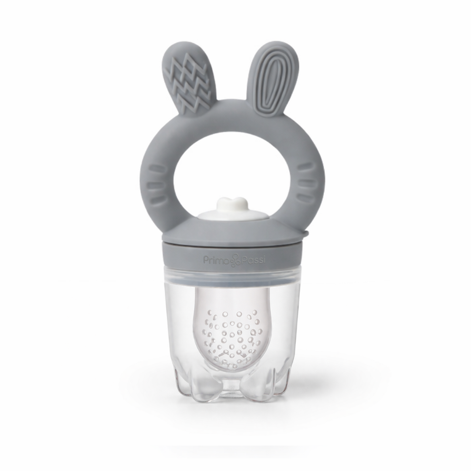 grey baby silicone food feeder on a white background