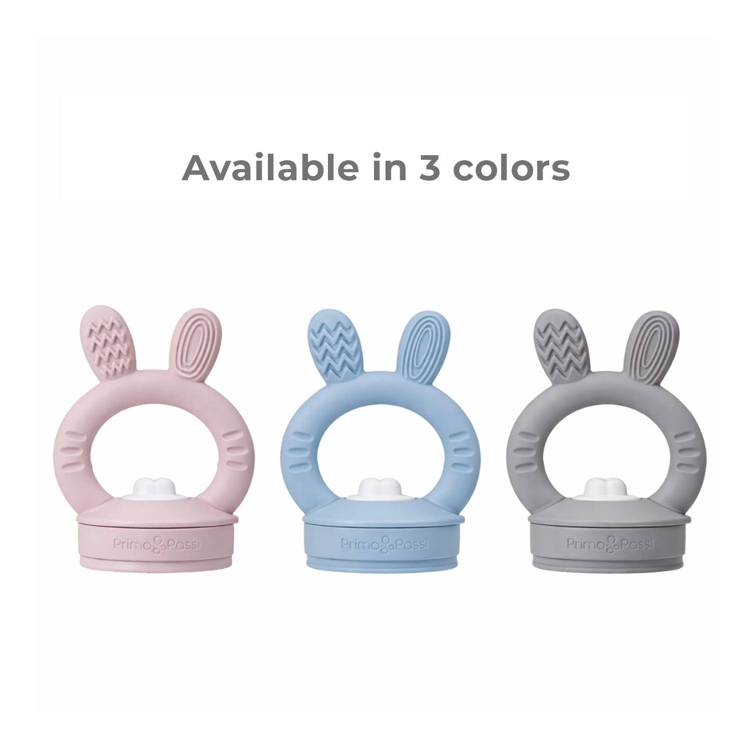 Three silicone rabbit-shaped teething rings in pink, blue, and gray on a white background.