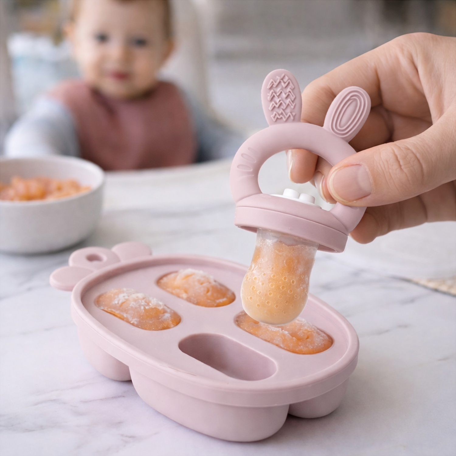 Pink babyfood feeder with food being taken out by a hand, with a baby in the background.
