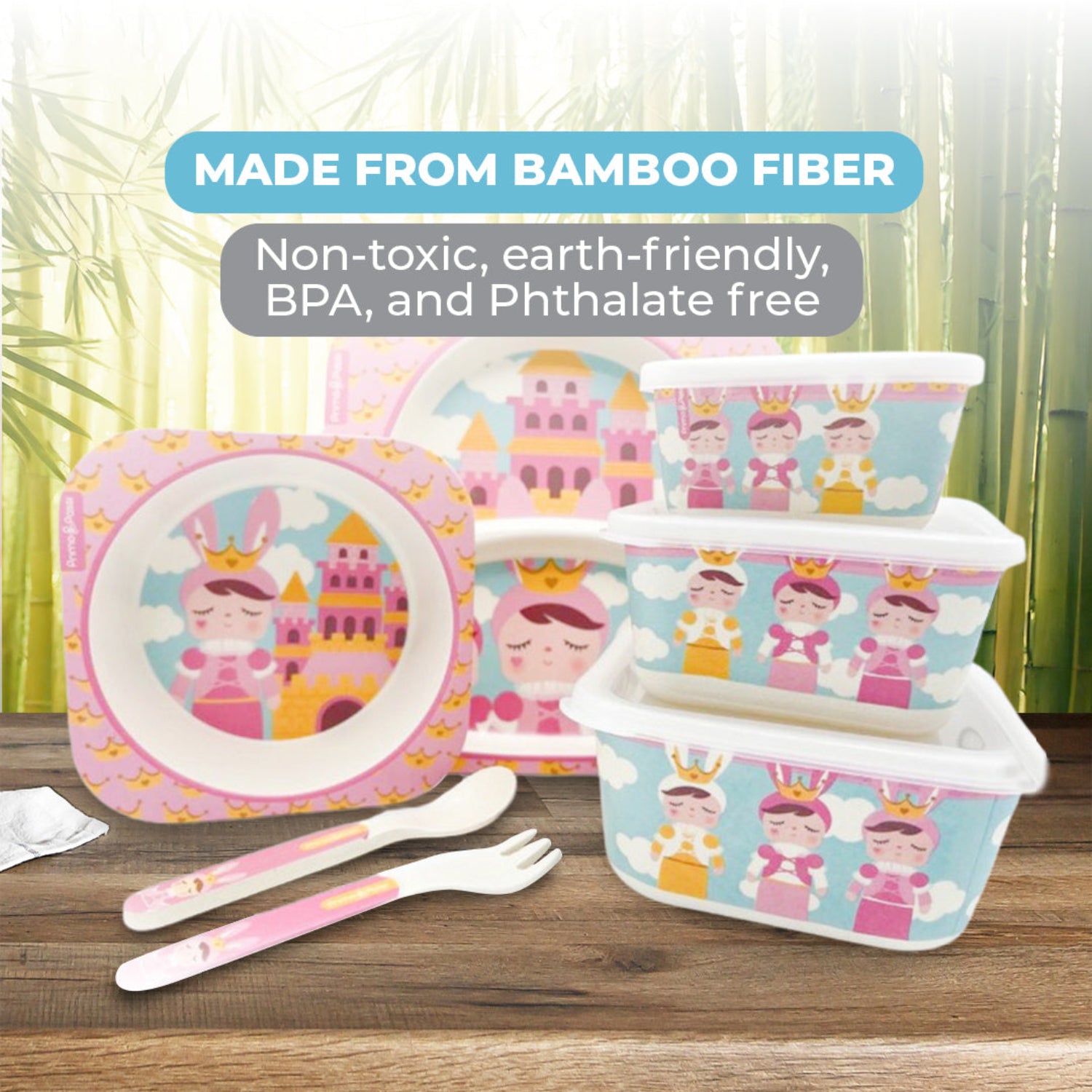 Bamboo fiber children's dinnerware set with illustrations, including a plate, bowls, and utensils, displayed on a wooden surface with promotional text overlays.