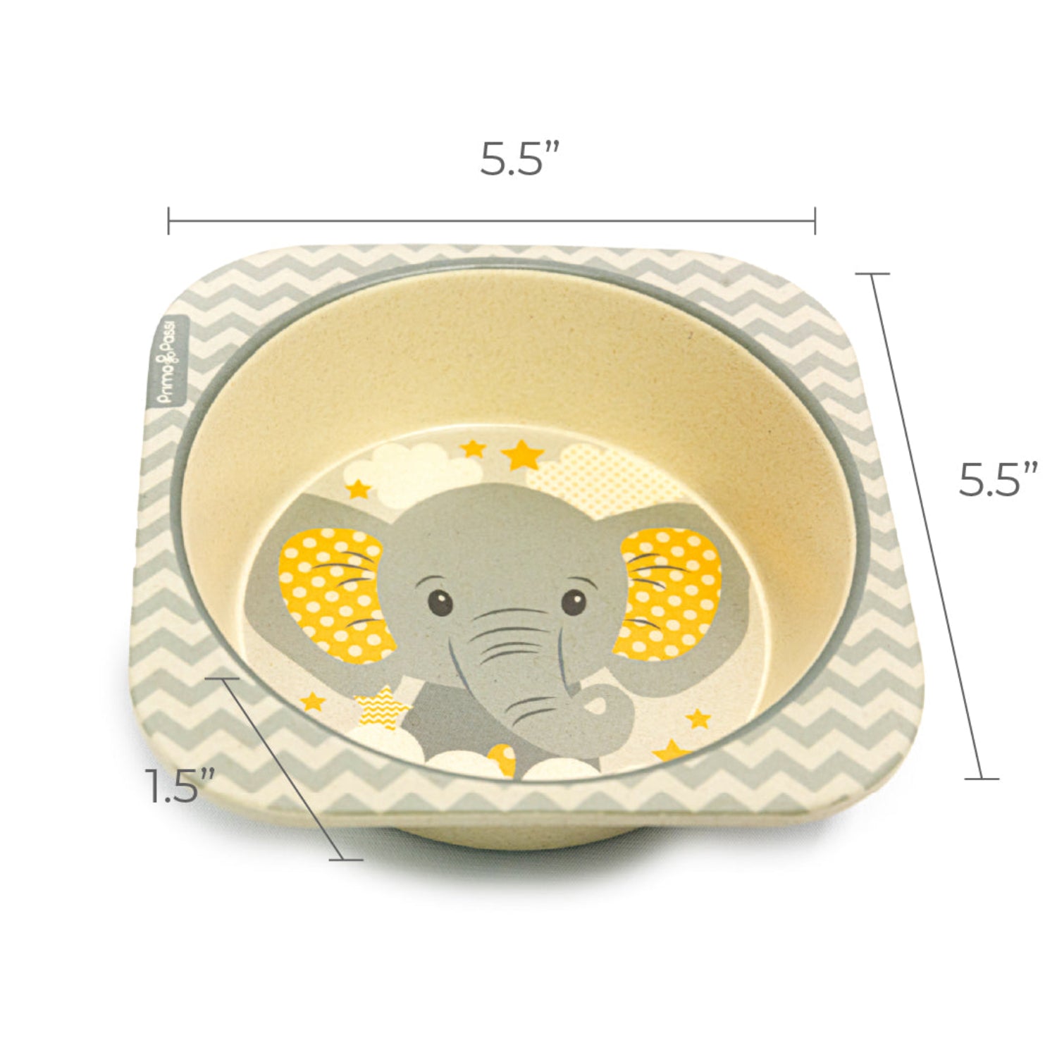 Children's bowl with elephant design and measurements on a white background