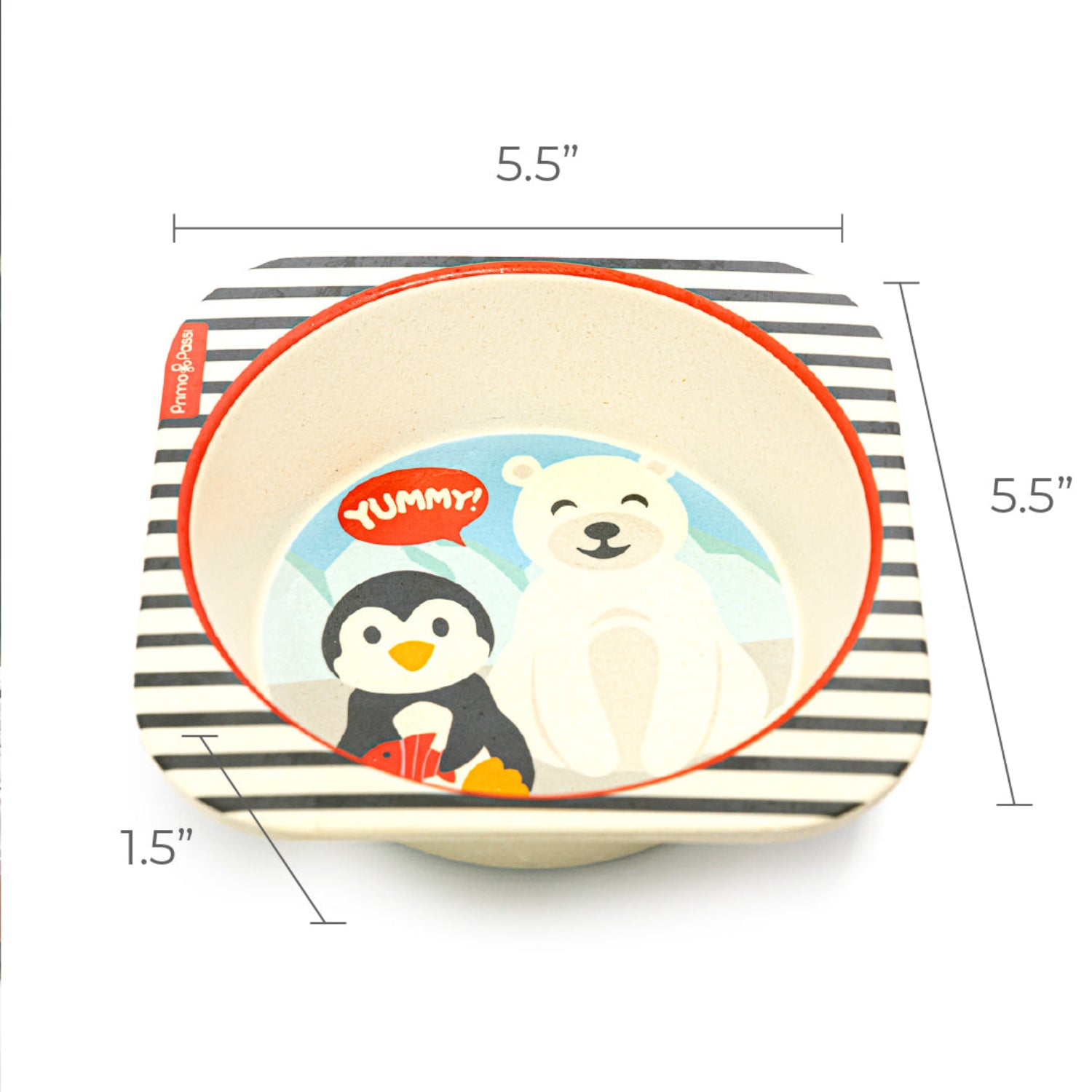 Square bamboo fiber children's bowl featuring a playful arctic-themed design with a smiling polar bear and a penguin. The image includes the bowl's dimensions, measuring 5.5 inches wide, 5.5 inches long, and 1.5 inches deep.