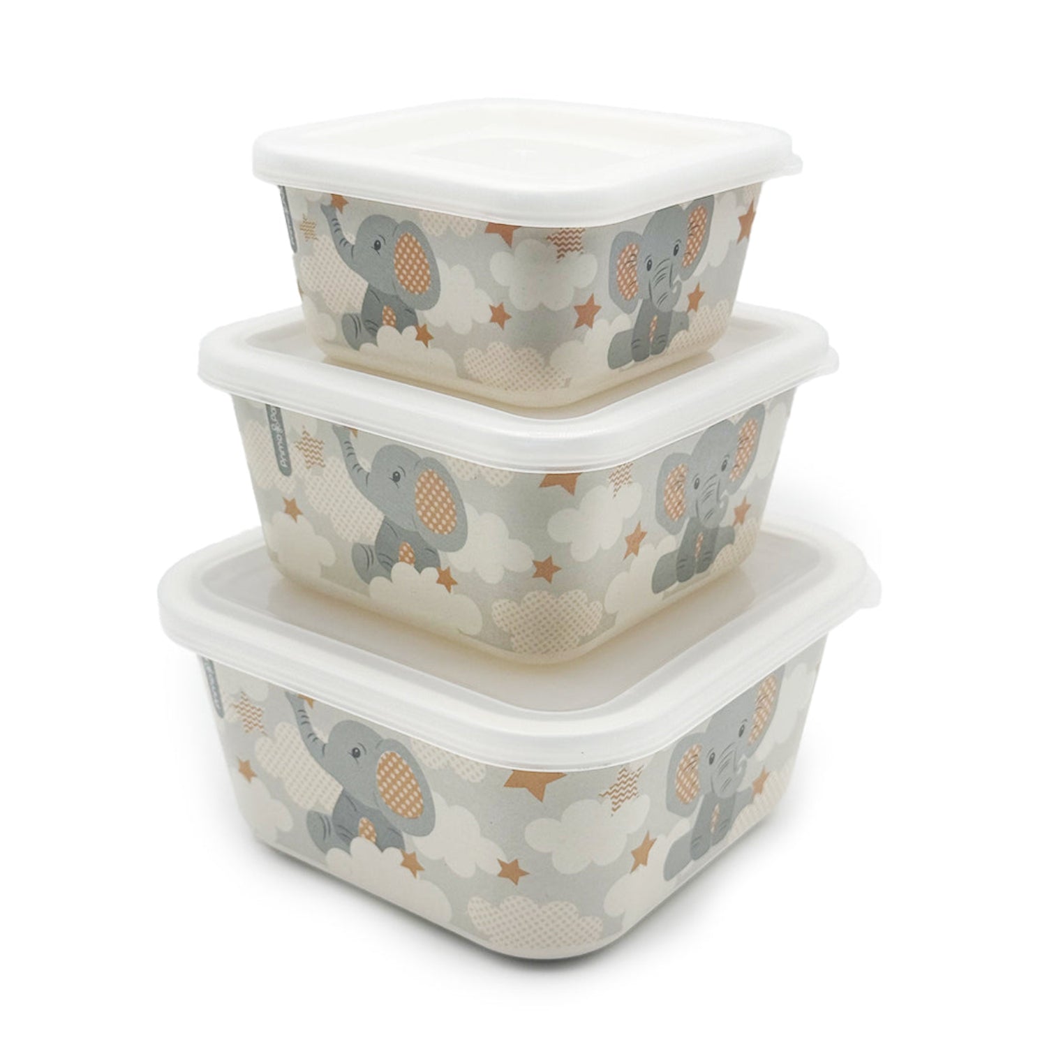Set of three nesting bamboo fiber food storage containers with secure white lids and a playful elephant print. Lightweight, reusable containers are ideal for storing baby meals, snacks, and leftovers at home or on the go.