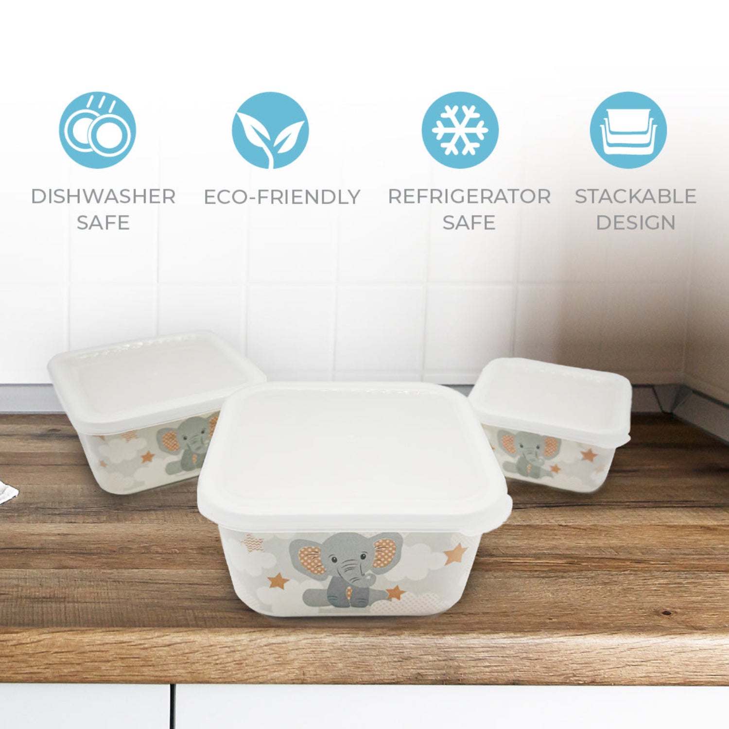 Set of three bamboo fiber food storage containers with secure lids and elephant print displayed on a kitchen counter. Eco-friendly containers are dishwasher safe, refrigerator safe, stackable, and perfect for storing baby meals, snacks, and leftovers.