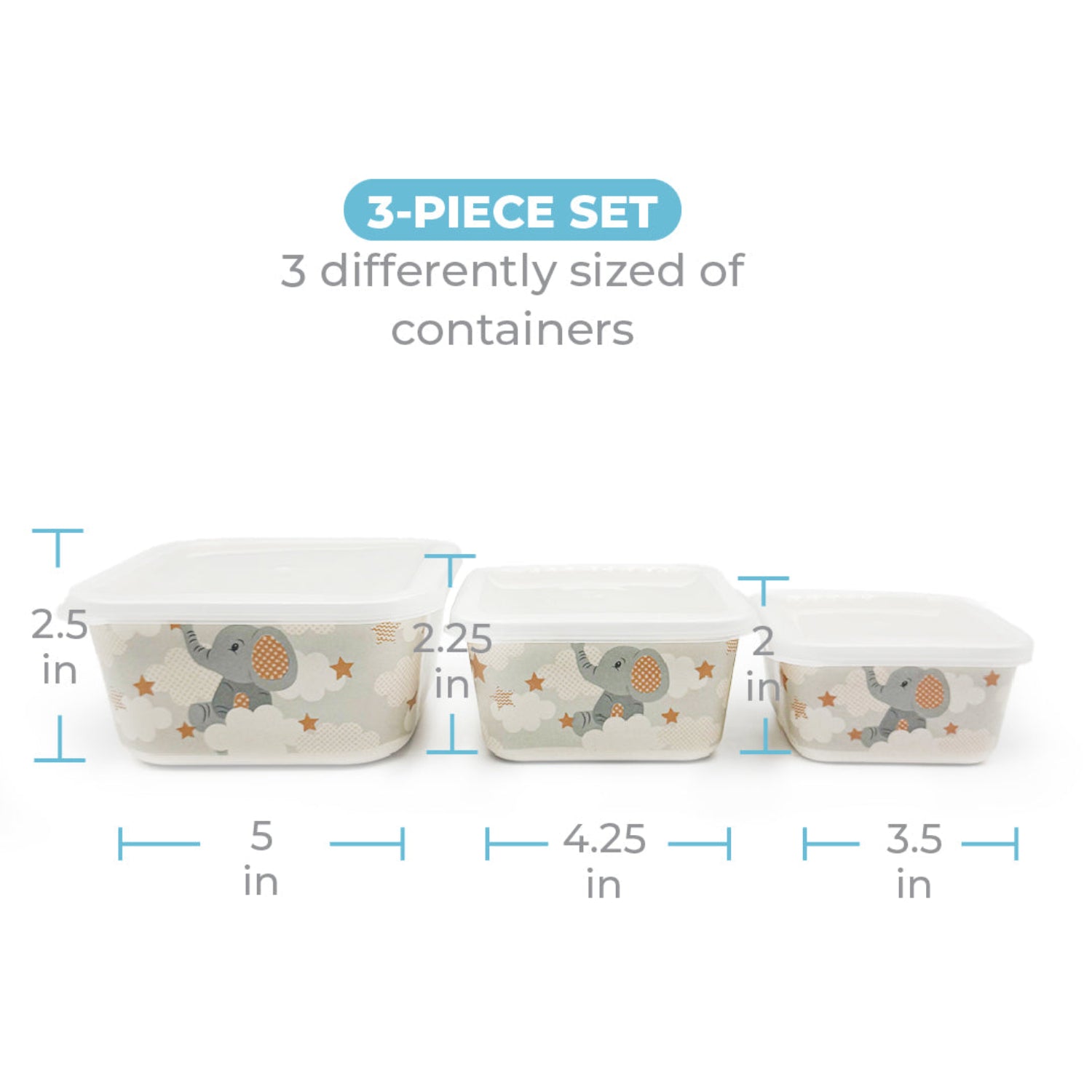 Three-piece bamboo fiber food storage container set with secure lids in small, medium, and large sizes. Nesting, reusable containers are perfect for storing baby meals, snacks, and leftovers while saving space in the kitchen.