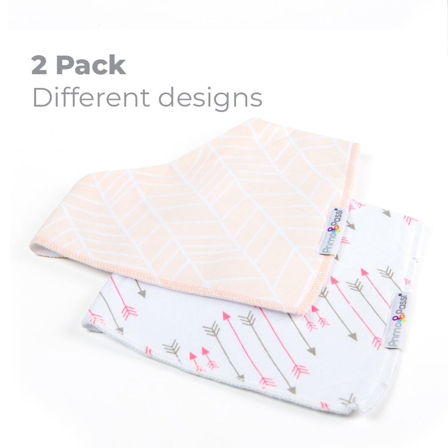 Two reusable baby bibs shown on a white background with text reading '2 Pack Different designs.' The top bib is pale peach with a white geometric pattern, and the bottom bib is white with pink and gray arrow prints.