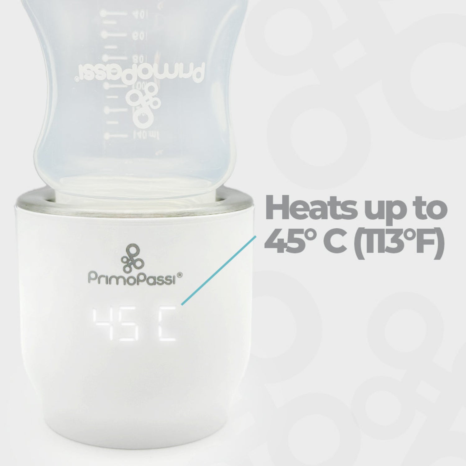 white portable bottle warmer with a text: Heats up to 45C/113F
