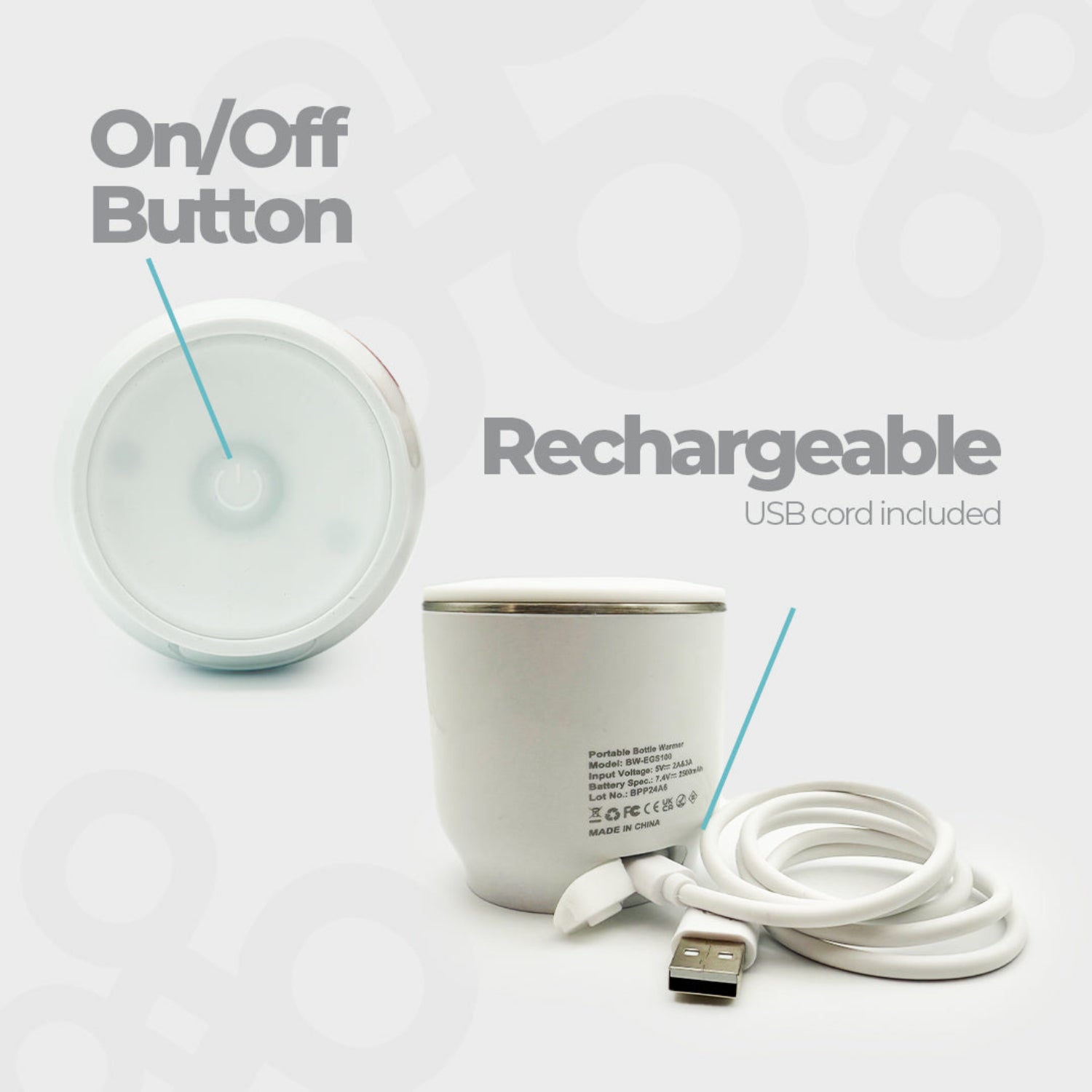 Picture showing the on/off button and saying that's rechargeable - USB cord included
