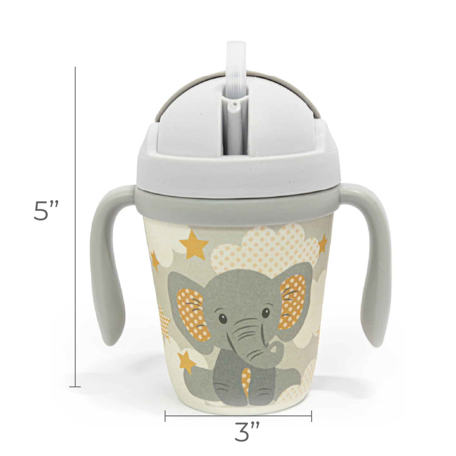Gray toddler training cup with two easy-grip handles, a soft straw, and a cute elephant illustration surrounded by clouds and stars on a light background. The spill-resistant cup is shown on a white background with the measures of the product