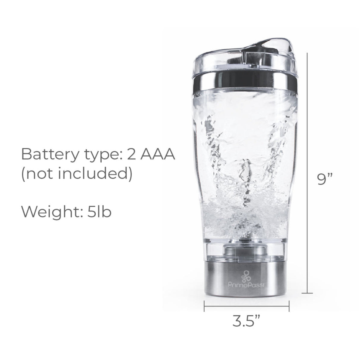 Primo Passi portable electric formula mixer shown with its dimensions, measuring 9 inches tall by 3.5 inches wide. The compact mixer features a leak-resistant lid and built-in blending mechanism, making it easy to prepare smooth, lump-free baby formula while traveling or at home.