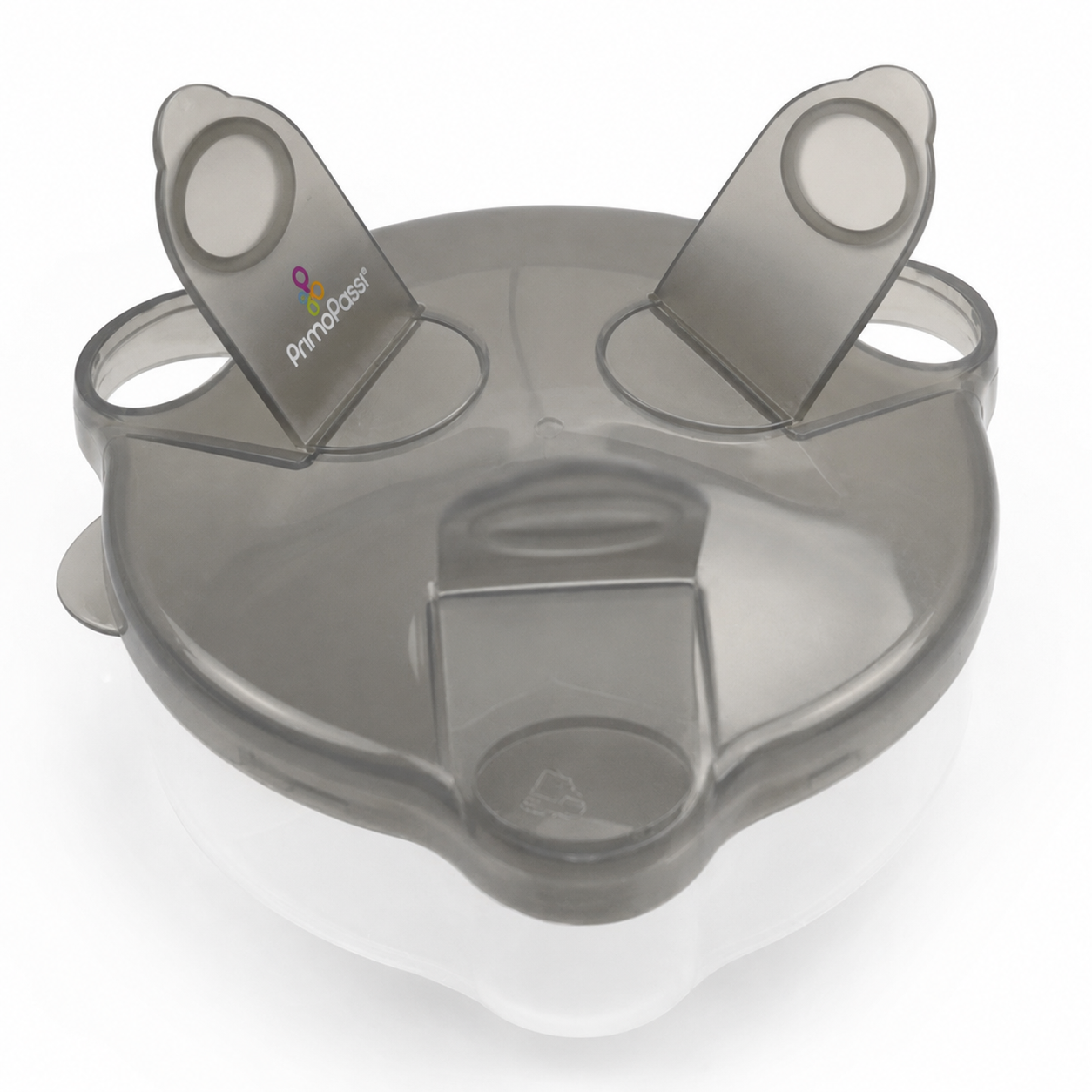 A translucent gray baby formula dispenser with two three tabs and a printed Primo Passi logo