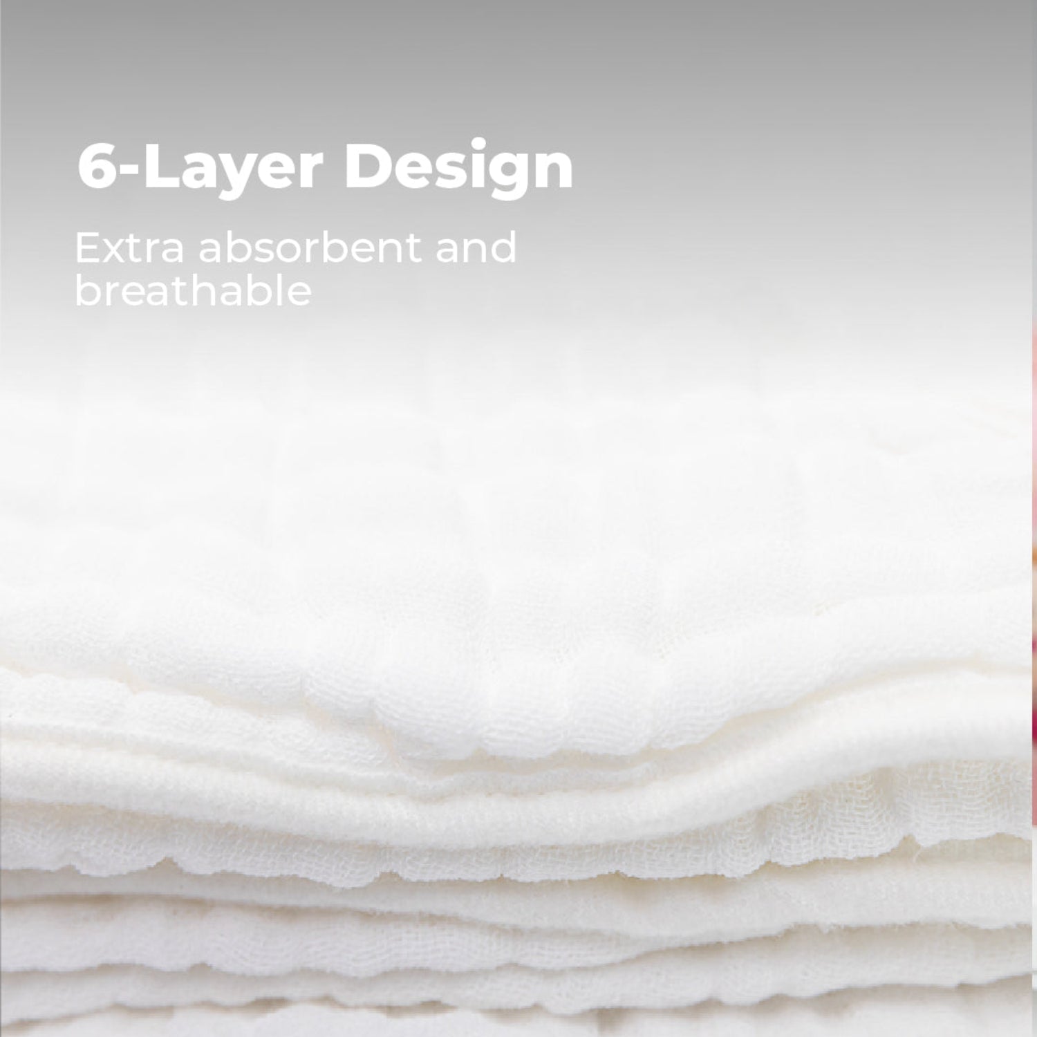 Close-up of a white 6-layer muslin cotton hooded baby towel, showcasing its thick, breathable, and ultra-absorbent fabric. The image highlights the towel's soft texture, designed to gently dry and keep babies comfortable after bath time.