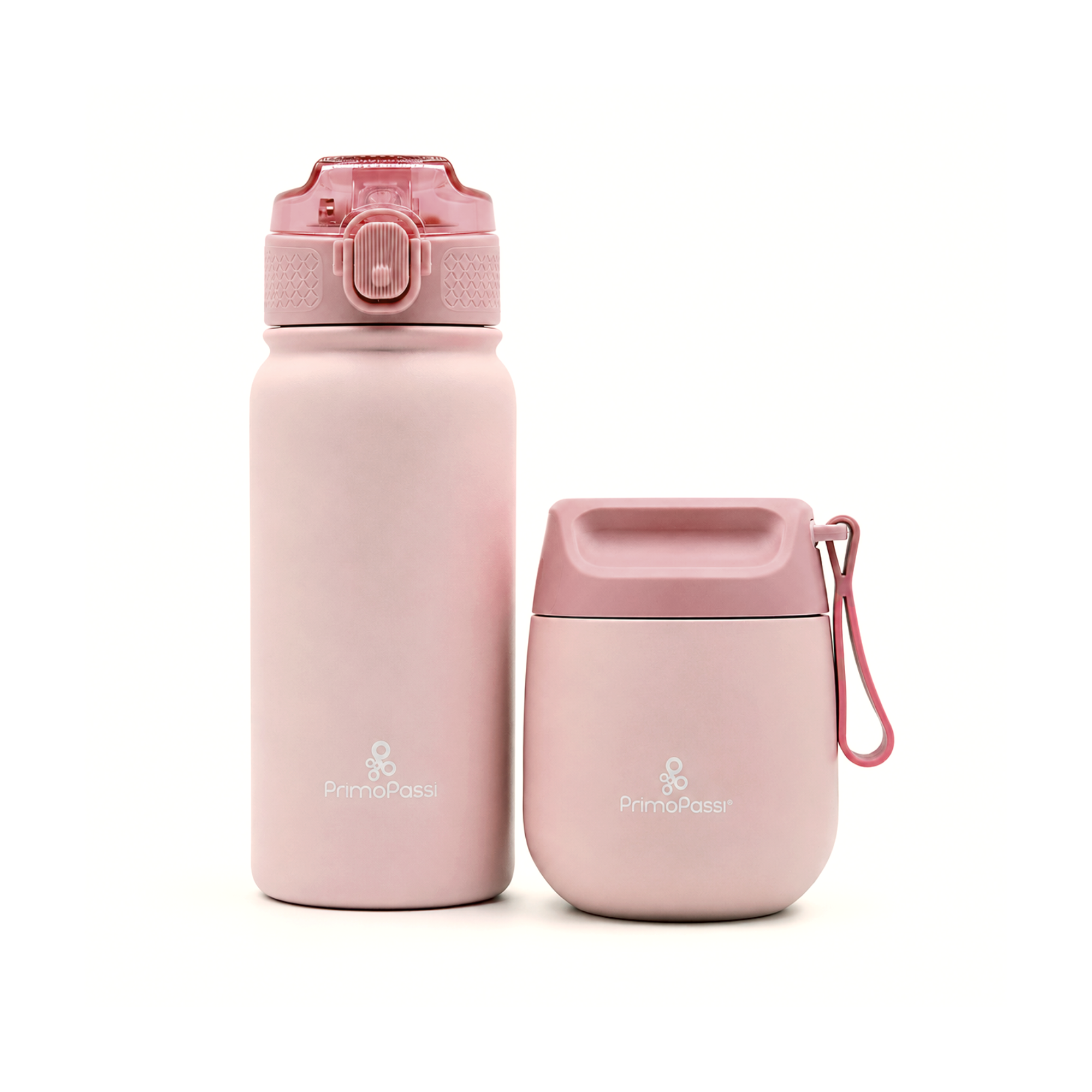 Two pink water bottles with caps on a white background