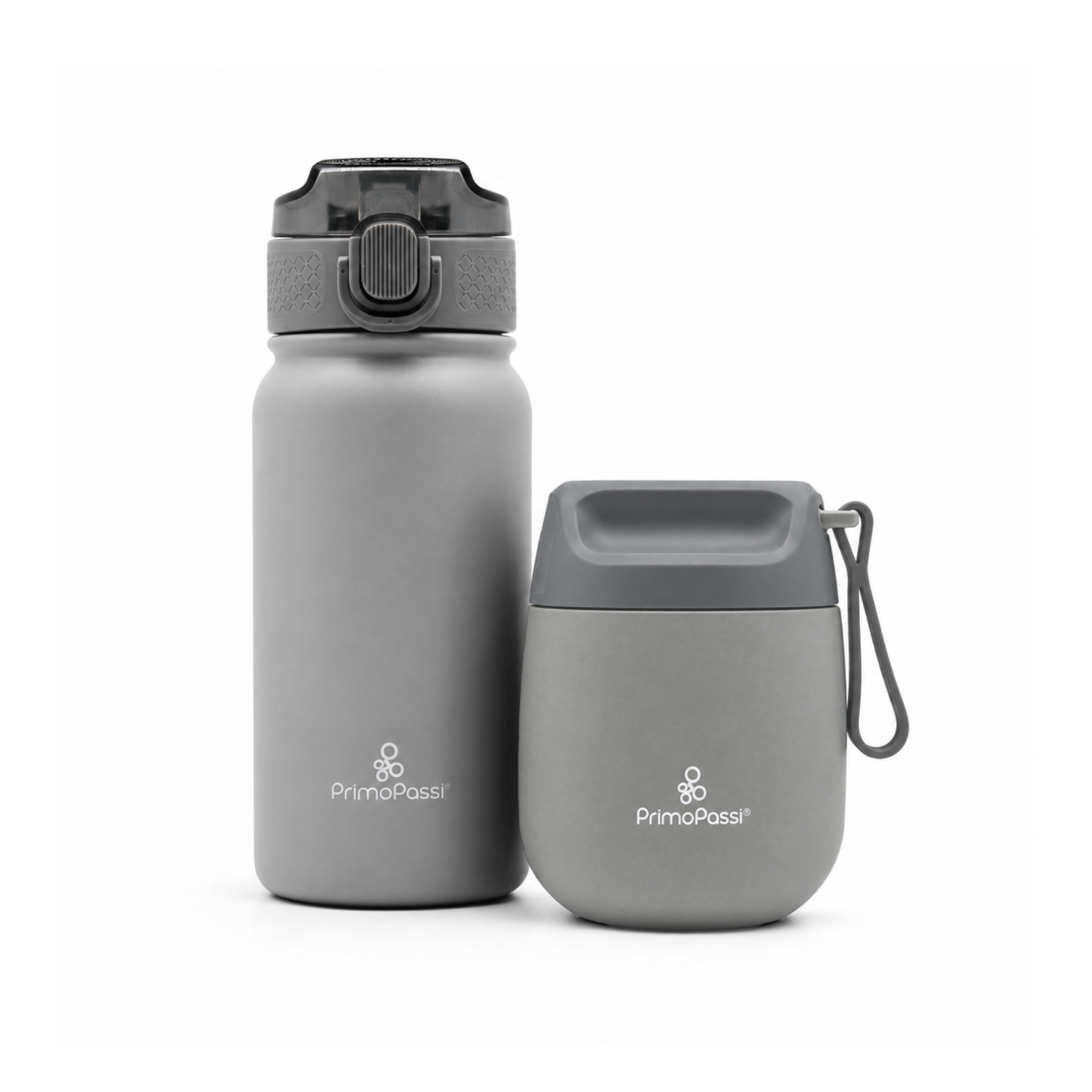 Two gray PrimoPassi water bottles on a white background