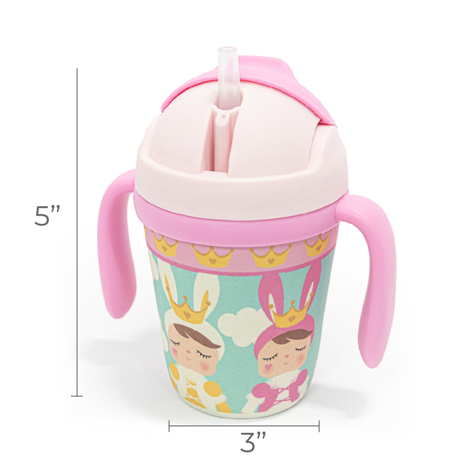 Pink toddler training cup with two easy-grip handles, a soft straw, and a colorful princess-themed design featuring crowned characters, clouds, and crowns on a white background with the measures
