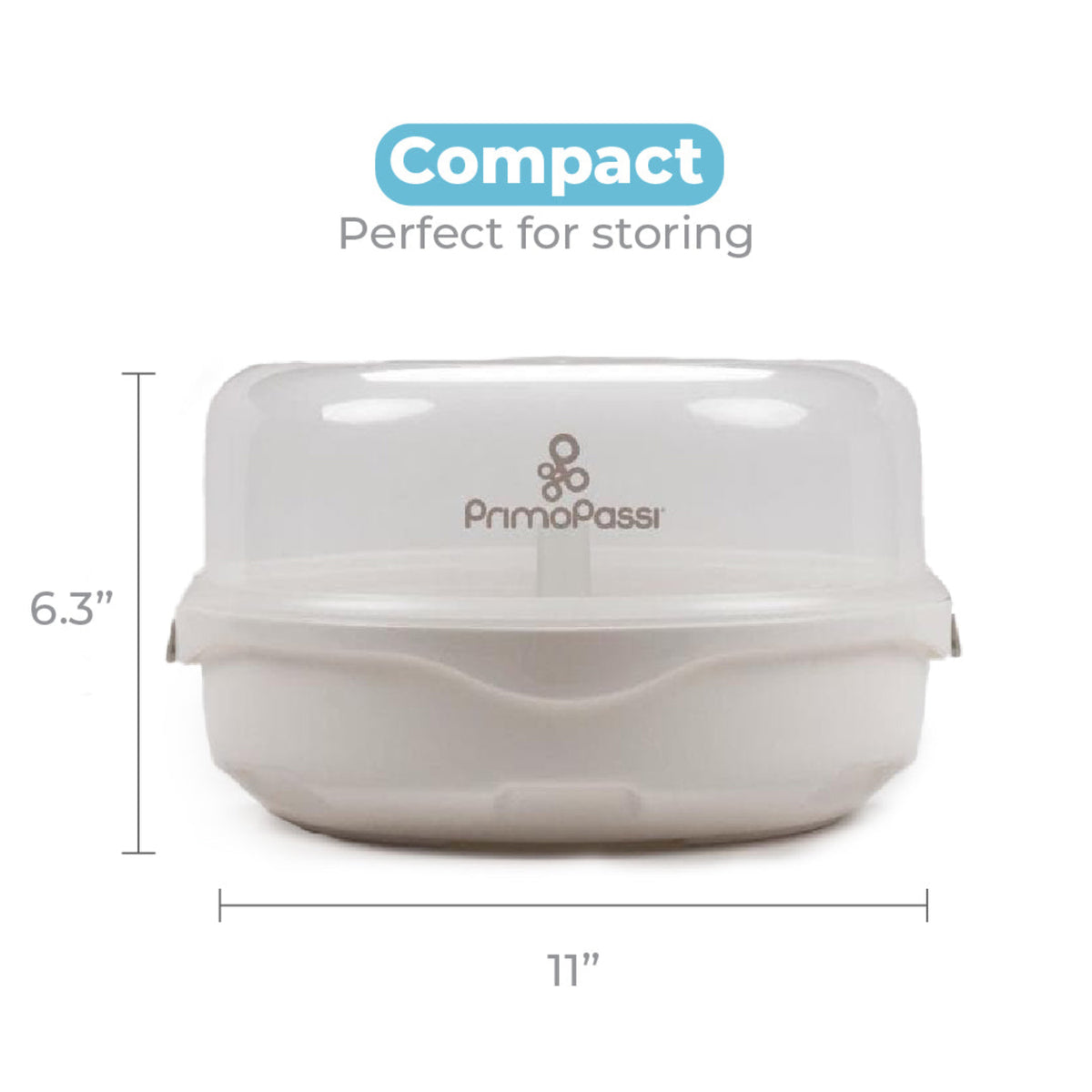 Primo Passi microwave steam sterilizer with transparent lid on a white background, showing compact dimensions for easy storage.