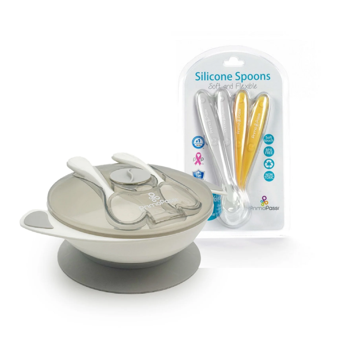 Primo Passi - Suction Bowl Grey + Silicone Spoon 4-Pack Grey/Yellow
