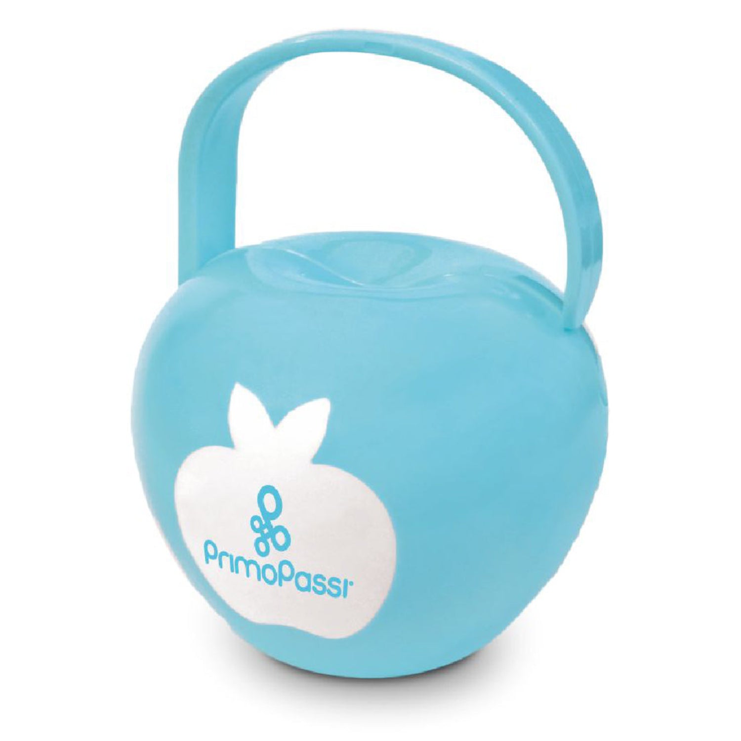 Blue Primo Passi pacifier case with a convenient carrying handle and secure snap closure. Compact, lightweight design keeps pacifiers clean and protected while on the go, making it easy to attach to a diaper bag, stroller, or purse for travel and everyday use.