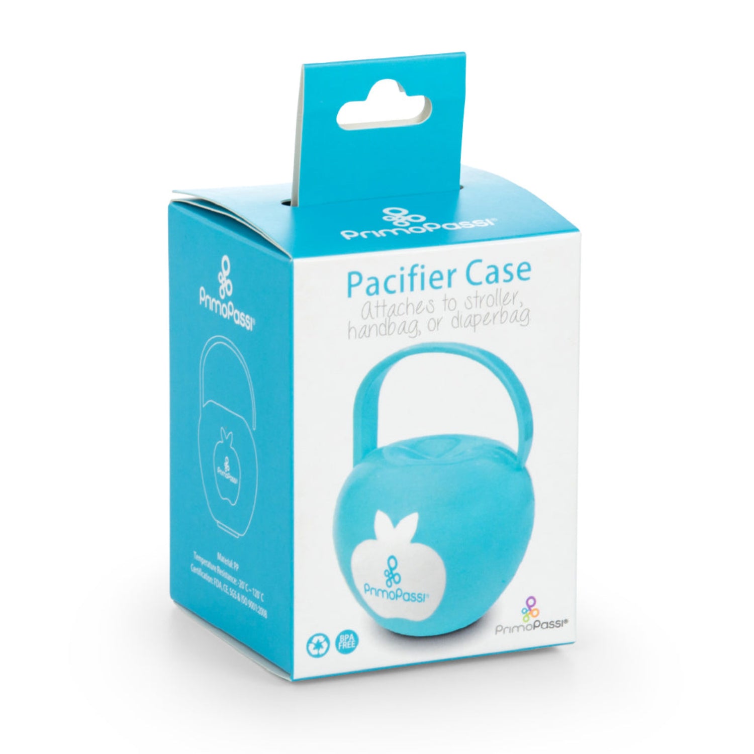 Primo Passi Pacifier Case retail packaging featuring a blue pacifier case with an integrated carrying handle. The BPA-free case is designed to attach to a stroller, diaper bag, or handbag, helping keep pacifiers clean, protected, and easily accessible while on the go.