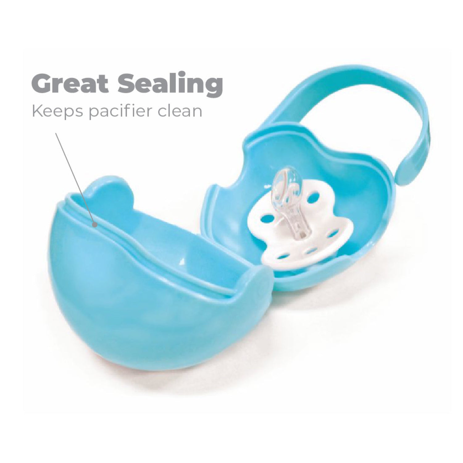 Open blue Primo Passi pacifier case holding a baby pacifier, showcasing its secure sealing design that helps keep pacifiers clean and protected from dirt while on the go. Features a flexible carrying handle for easy attachment to a stroller, diaper bag, or purse.