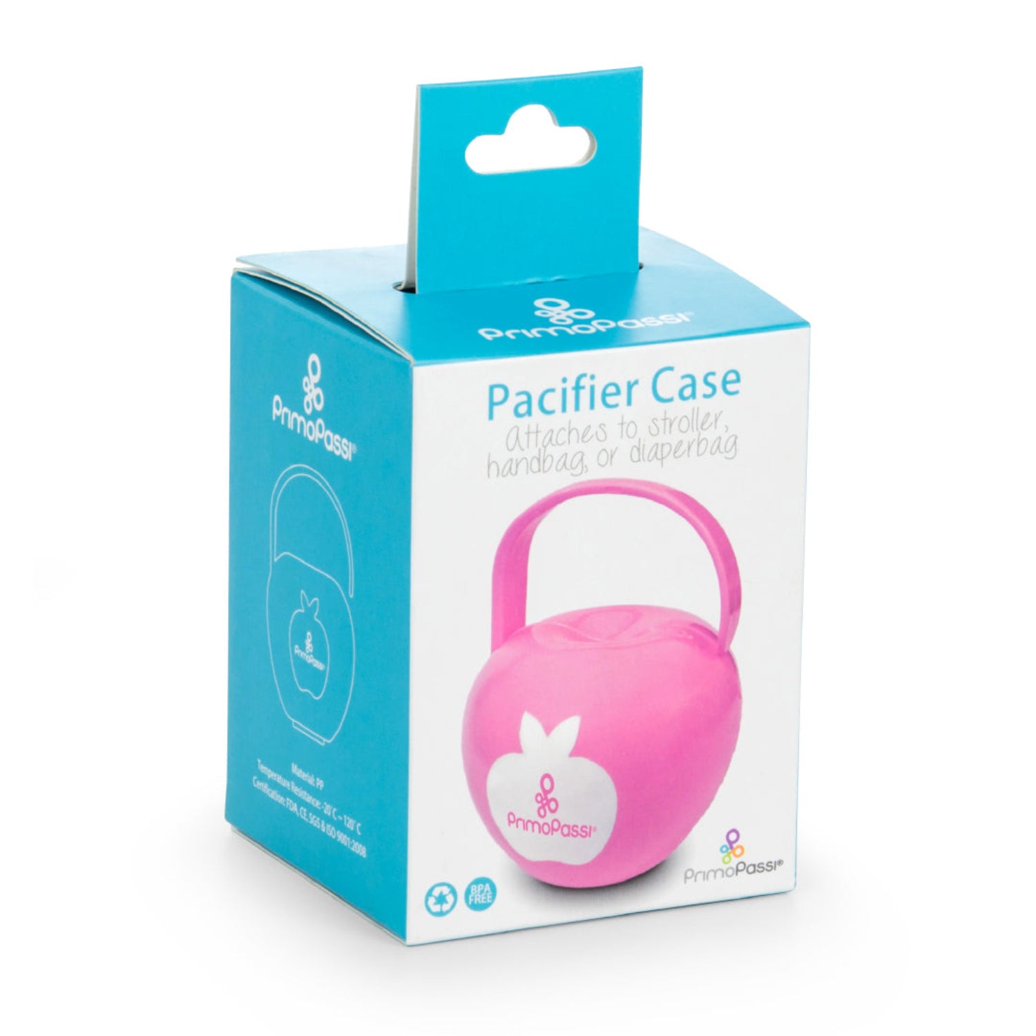 Primo Passi pink pacifier case in its retail packaging. The BPA-free pacifier case features a built-in handle for easy attachment to strollers, diaper bags, or handbags, helping keep pacifiers clean, protected, and within reach while traveling.