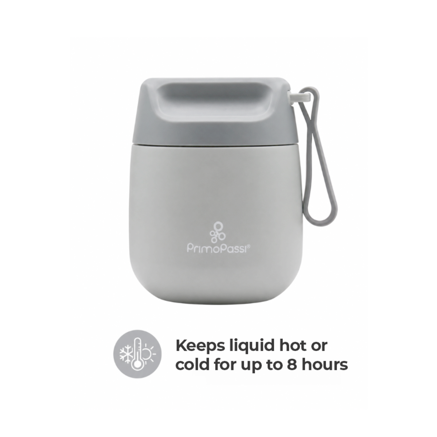 Primo Passi grey Insulated Food Jar with the text: keeps liquid hot or cold for up to 8 hours