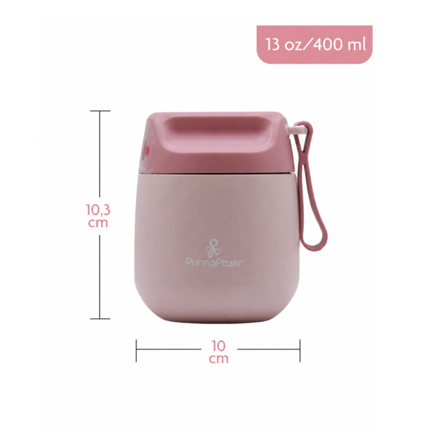Primo Passi pink Insulated Food Jar with the measurements in a white background