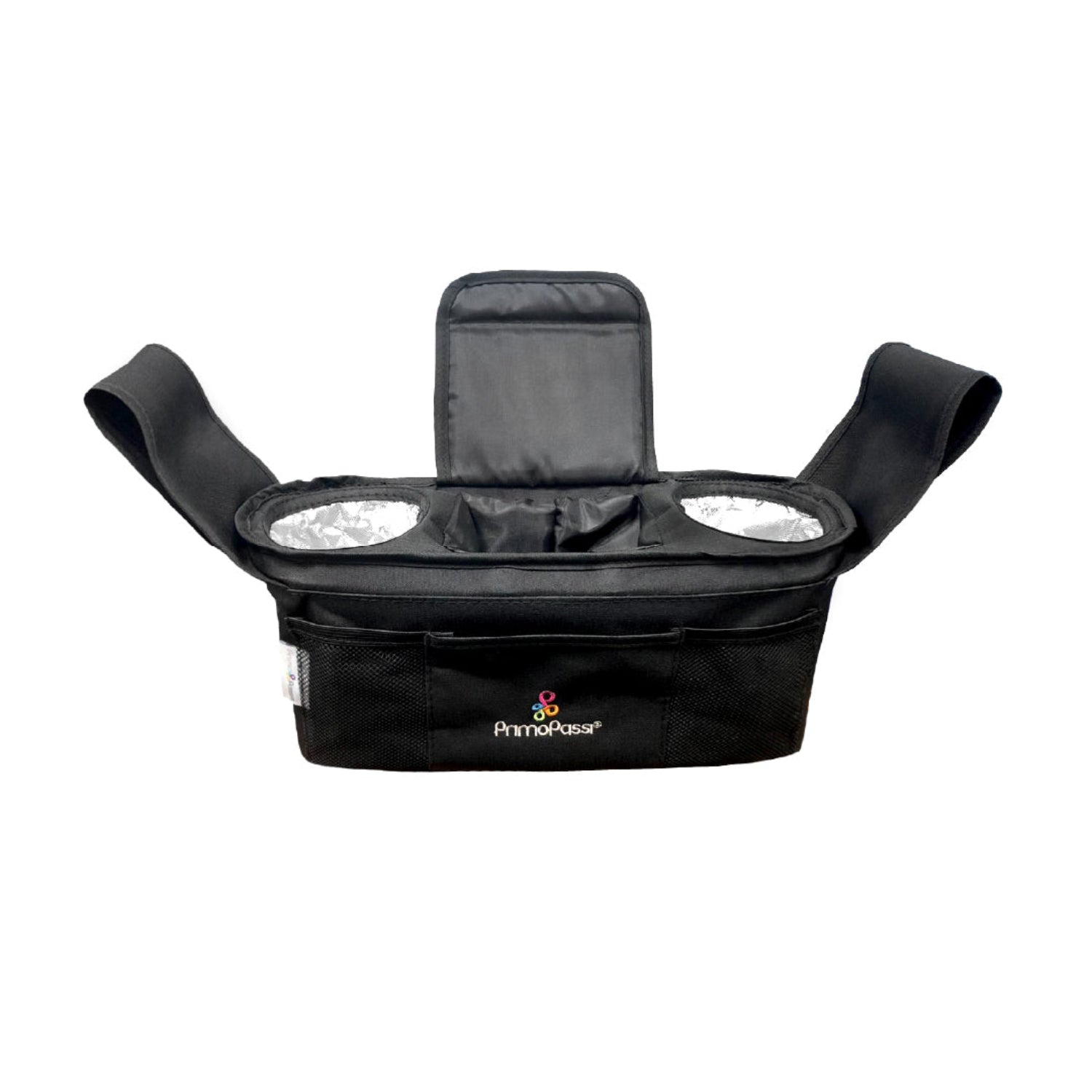 Primo Passi black stroller organizer displayed on a white background. The organizer features two insulated cup holders with silver thermal lining, a spacious center storage compartment, front mesh pockets, and adjustable hook-and-loop straps designed to securely attach to most stroller handles.
