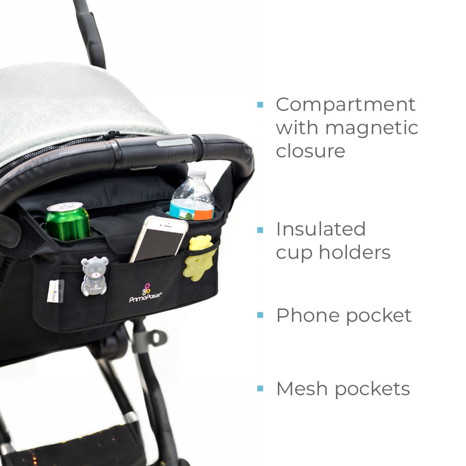 Primo Passi stroller organizer securely attached to a stroller handle, featuring two insulated cup holders holding a water bottle and soda can, a magnetic center compartment, a dedicated phone pocket, and mesh side pockets for quick-access essentials. The image highlights the organizer's practical storage design for keeping parents' essentials organized while on the go.