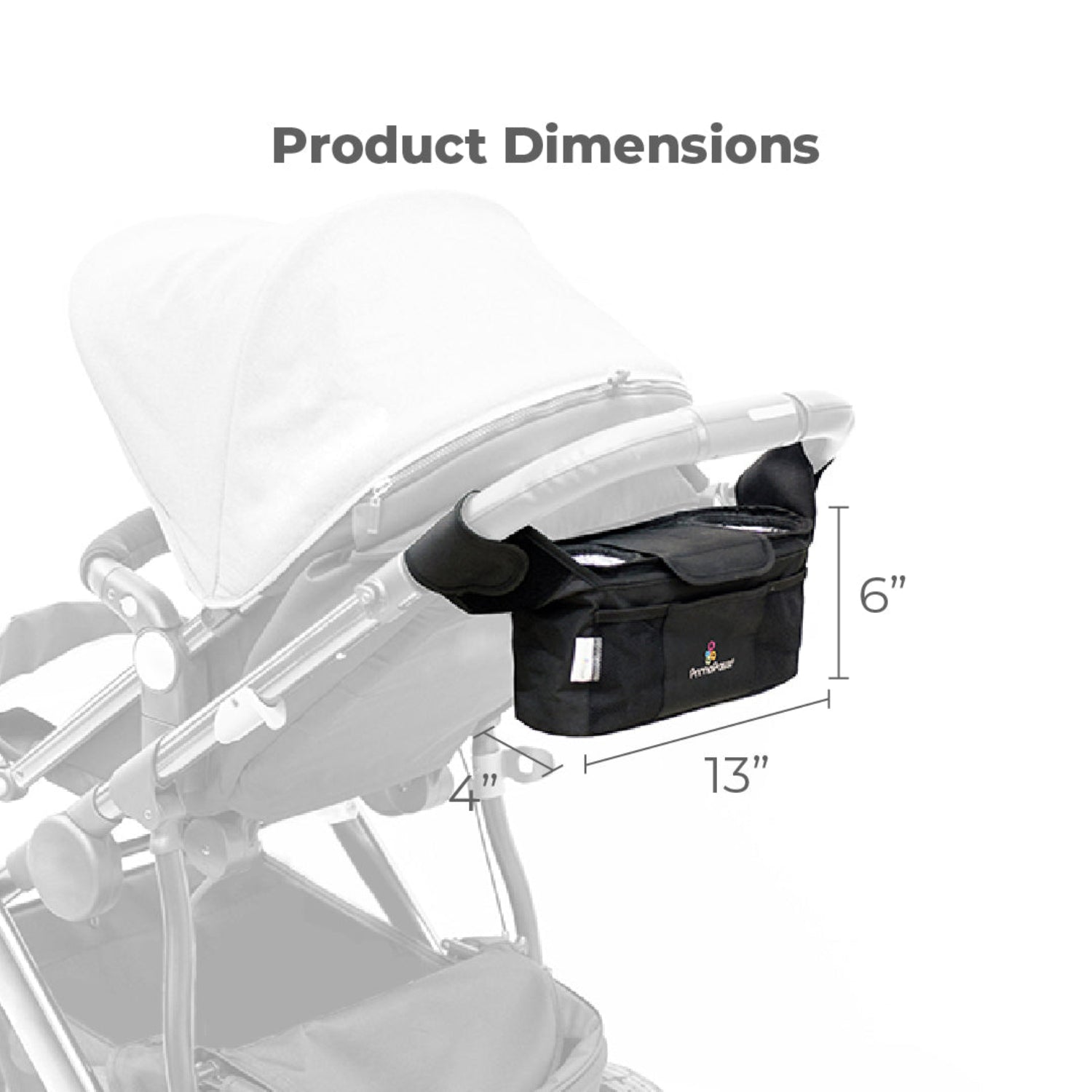 Primo Passi Stroller Handle Organizer displayed attached to a stroller with product dimensions labeled. The compact organizer measures 13 inches wide, 6 inches tall, and 4 inches deep, featuring adjustable attachment straps, insulated cup holders, a magnetic center compartment, and multiple storage pockets to keep baby essentials organized without adding bulk.
