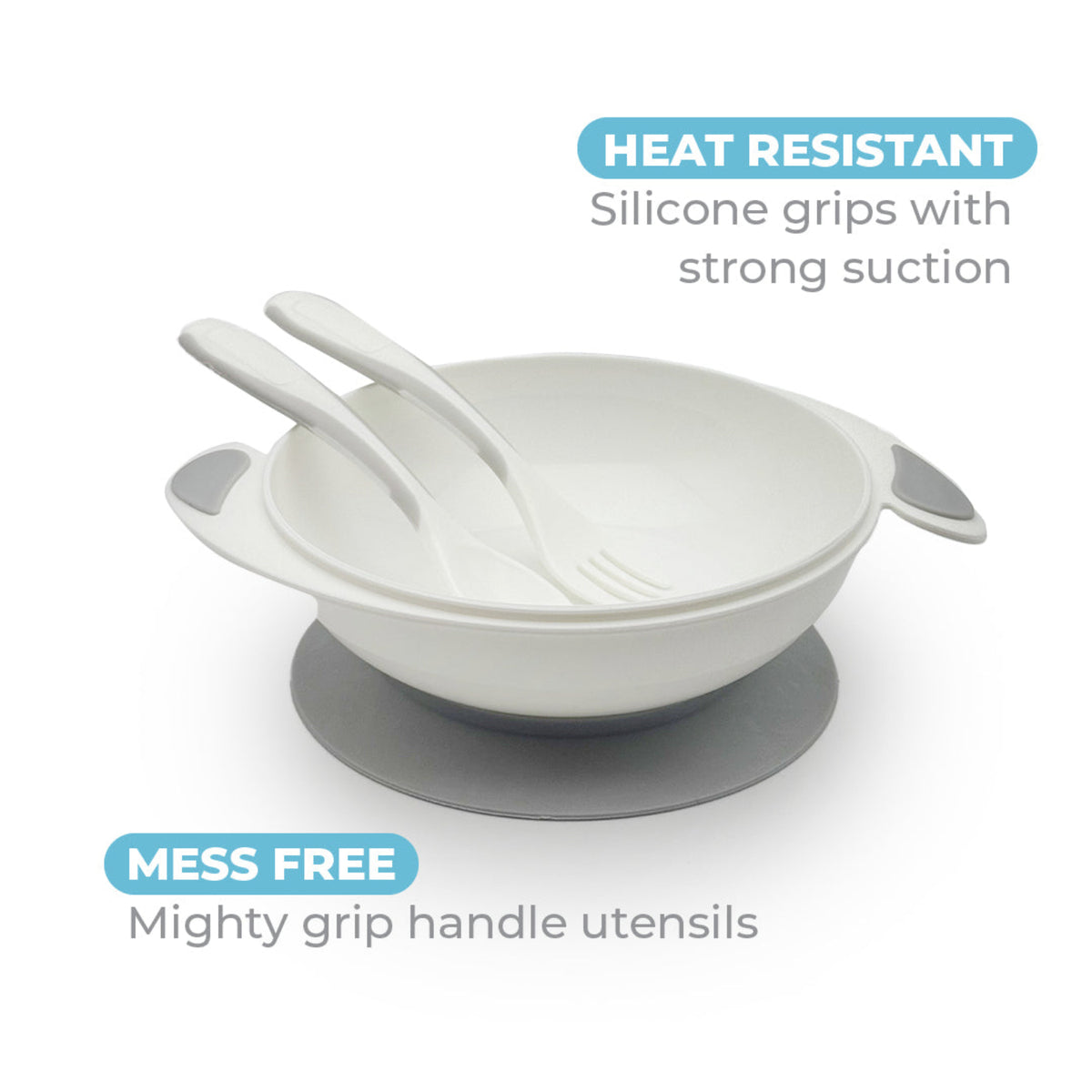Primo Passi baby suction bowl feeding set featuring a white bowl with a strong gray silicone suction base and matching spoon and fork. The image highlights the heat-resistant bowl, powerful suction grip to help prevent spills, and ergonomic utensils with easy-grip handles for mess-free self-feeding.