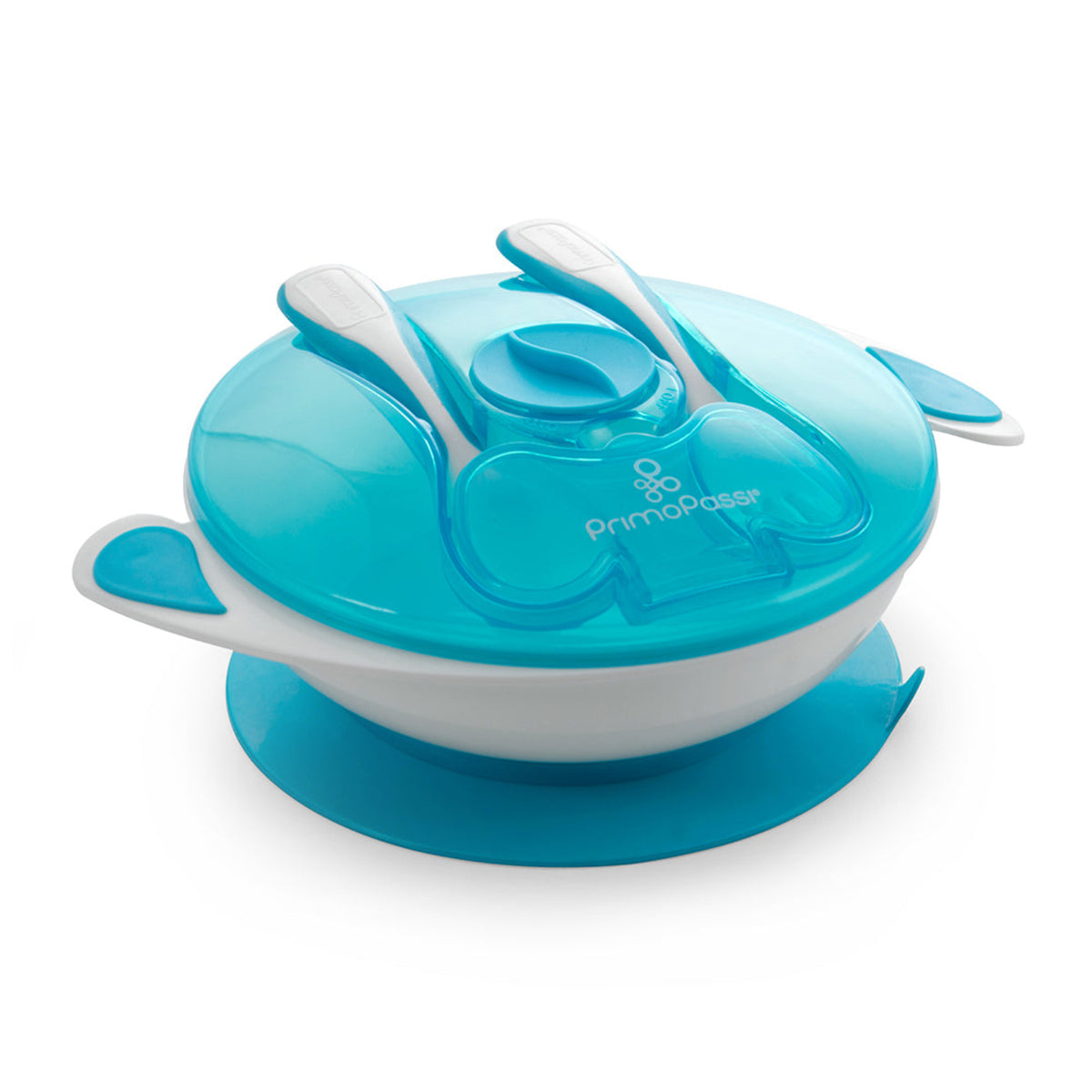 Primo Passi blue baby feeding set featuring a suction bowl with a transparent lid, matching spoon and fork, and a strong non-slip suction base. The airtight lid helps keep food fresh for storage or travel, while the secure suction base helps prevent spills during mealtime. Designed for babies learning to self-feed.
