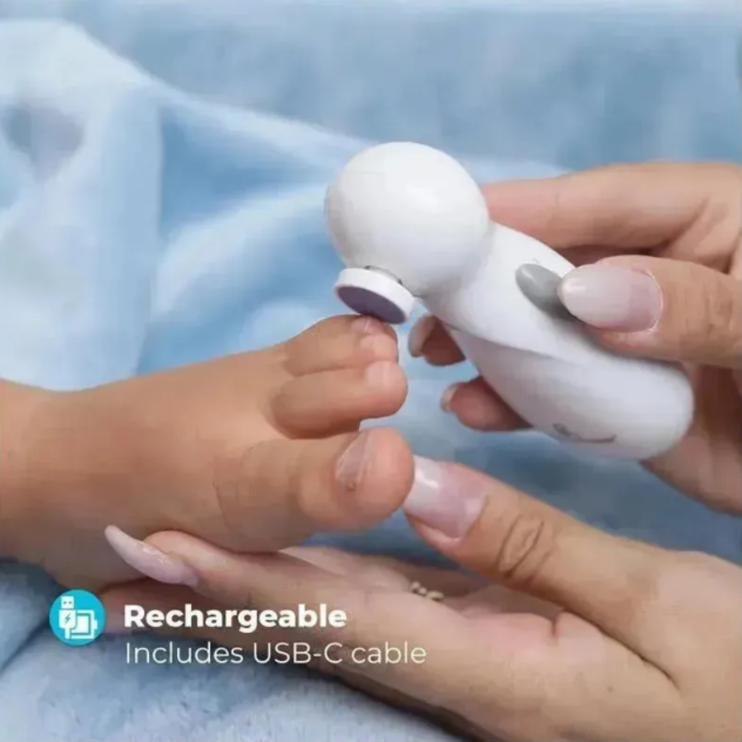 Close-up of the Primo Passi Baby Electric Nail Filer held in hand with four color-coded filing pads displayed beside it. On-screen text says: rechargeable includes usb-c cable