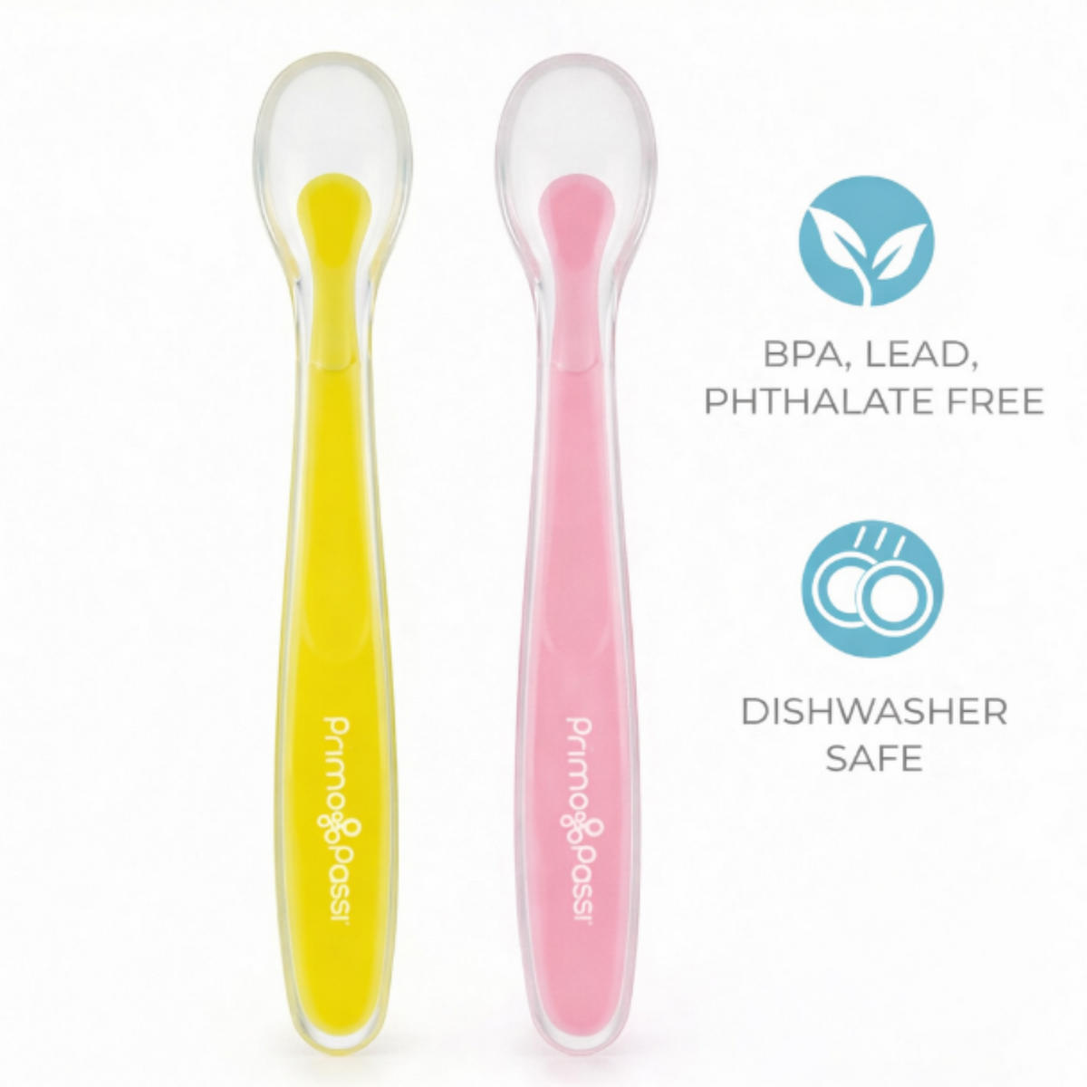 Two silicone baby spoons, one yellow and one pink, with 'Primo Passi' branding on a white background.