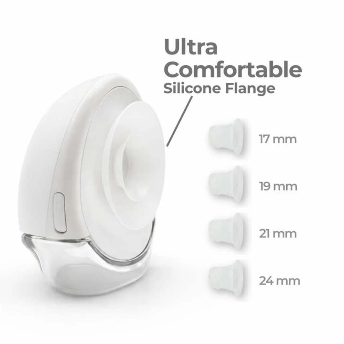 Electric Hands-Free Breast Pump with the text: Ultra comfortable silicone flange with size measurements on a white background